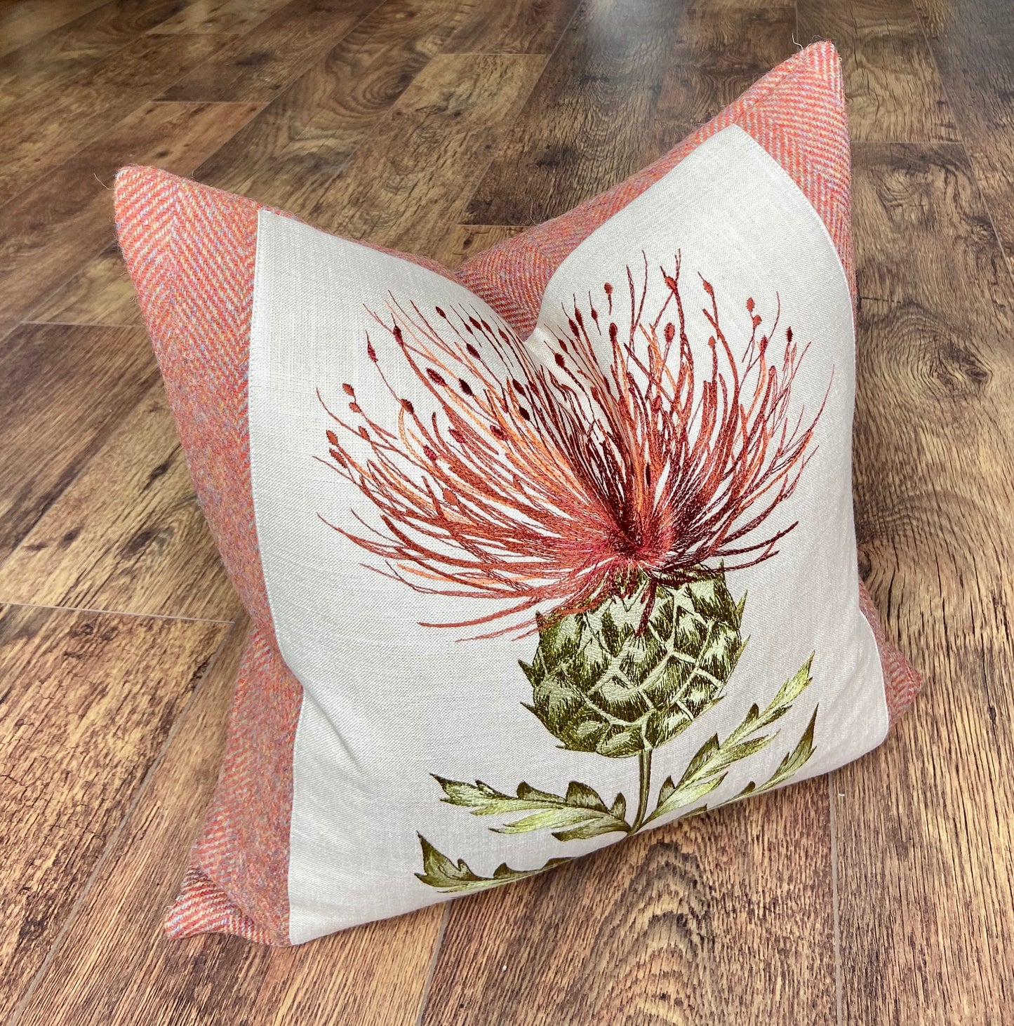 Burnt Orange Embroidered Thistle Cushion 18”