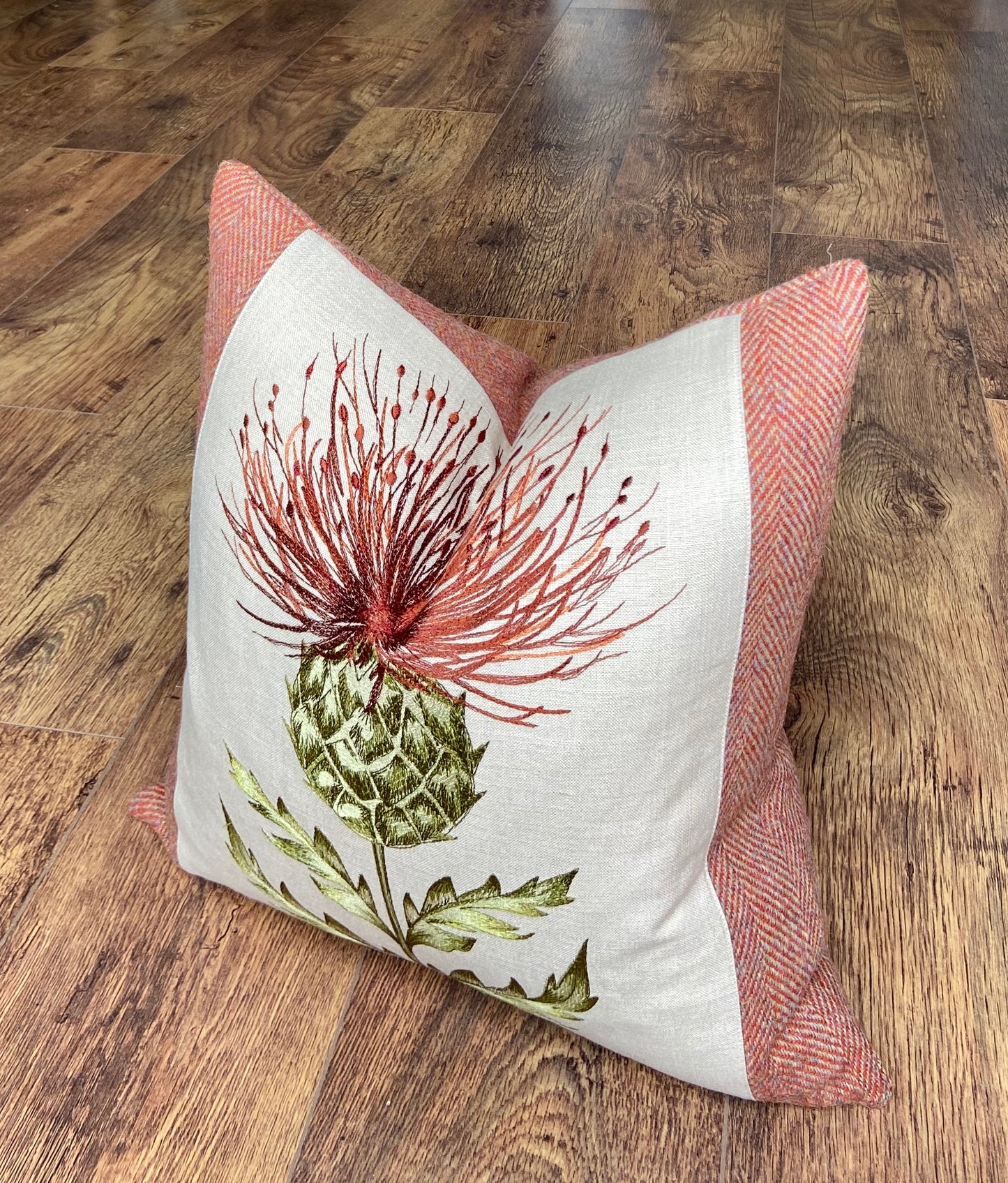 Burnt Orange Embroidered Thistle Cushion 18”