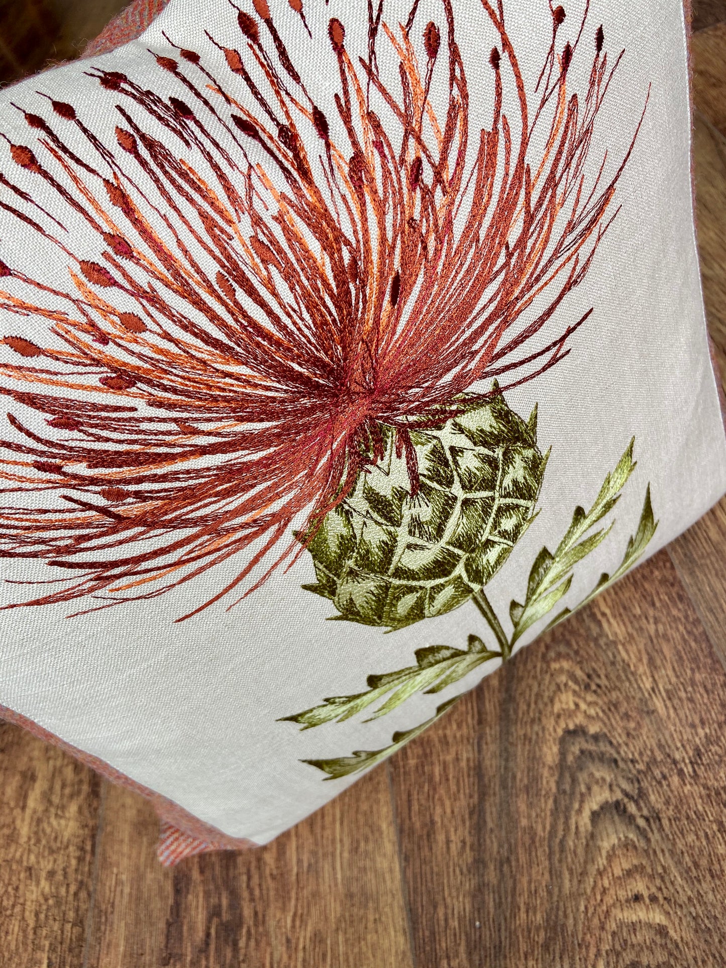 Burnt Orange Embroidered Thistle Cushion 18”