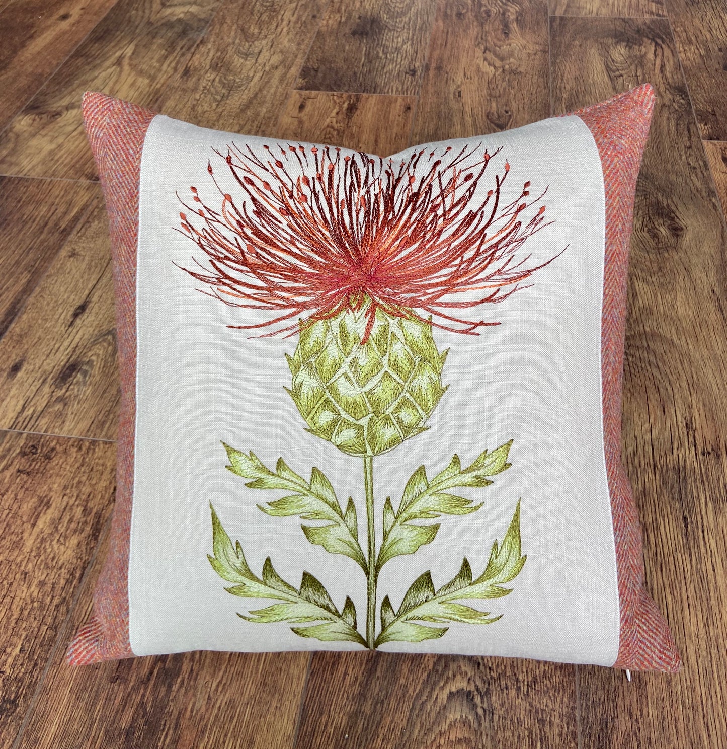 Burnt Orange Embroidered Thistle Cushion 18”