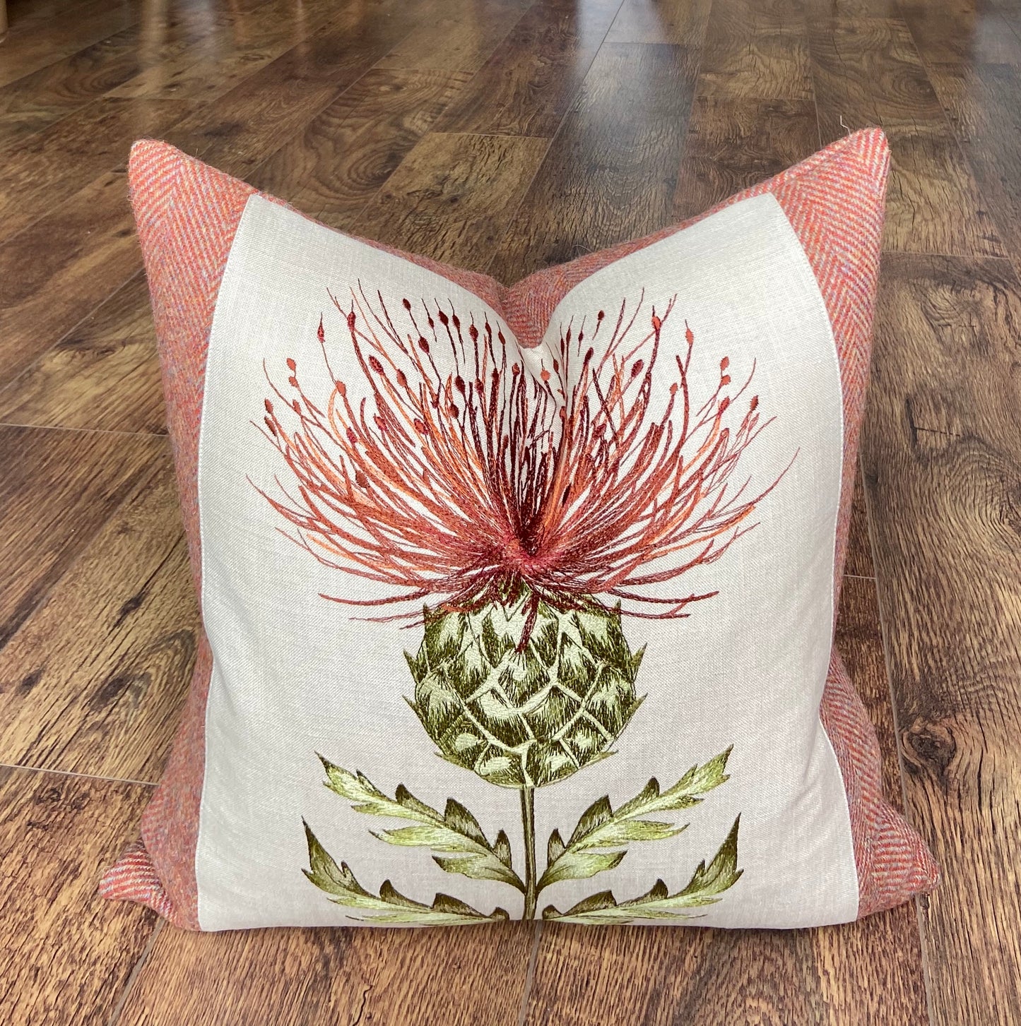 Burnt Orange Embroidered Thistle Cushion 18”