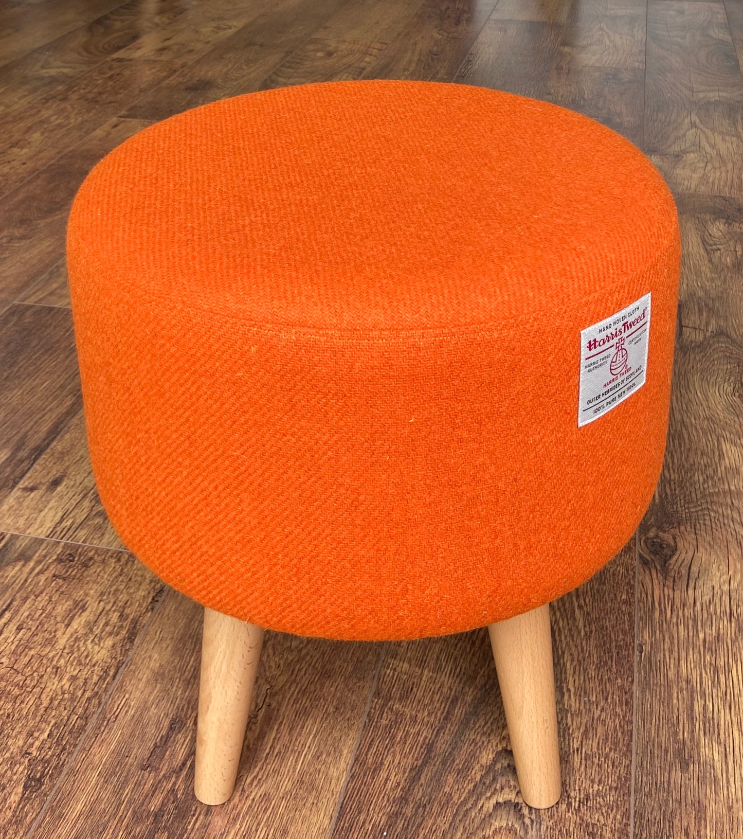 Upholstered Orange Harris Tweed Footstool with Varnished Wooden Legs