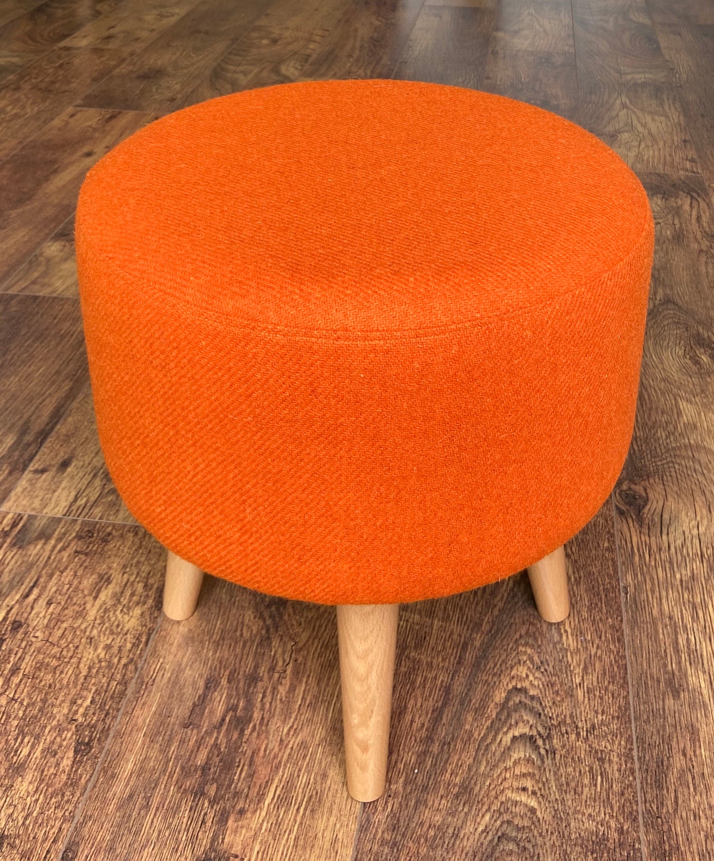 Upholstered Orange Harris Tweed Footstool with Varnished Wooden Legs