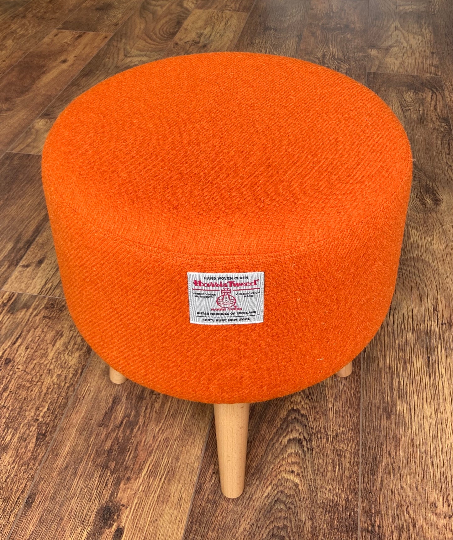 Upholstered Orange Harris Tweed Footstool with Varnished Wooden Legs