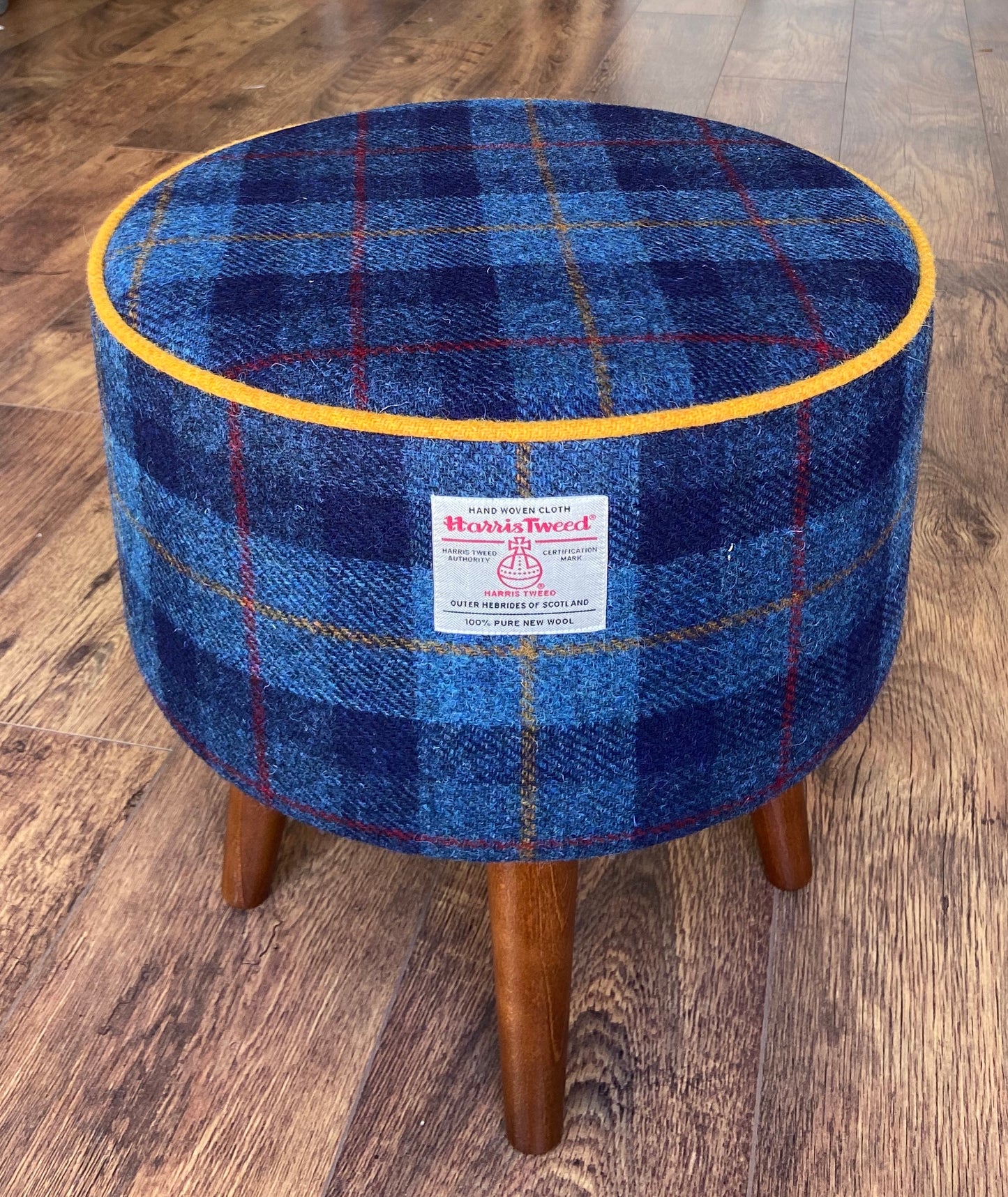 Blue Tartan and Yellow Piped Harris Tweed Footstool with Dark Varnished Wooden Legs