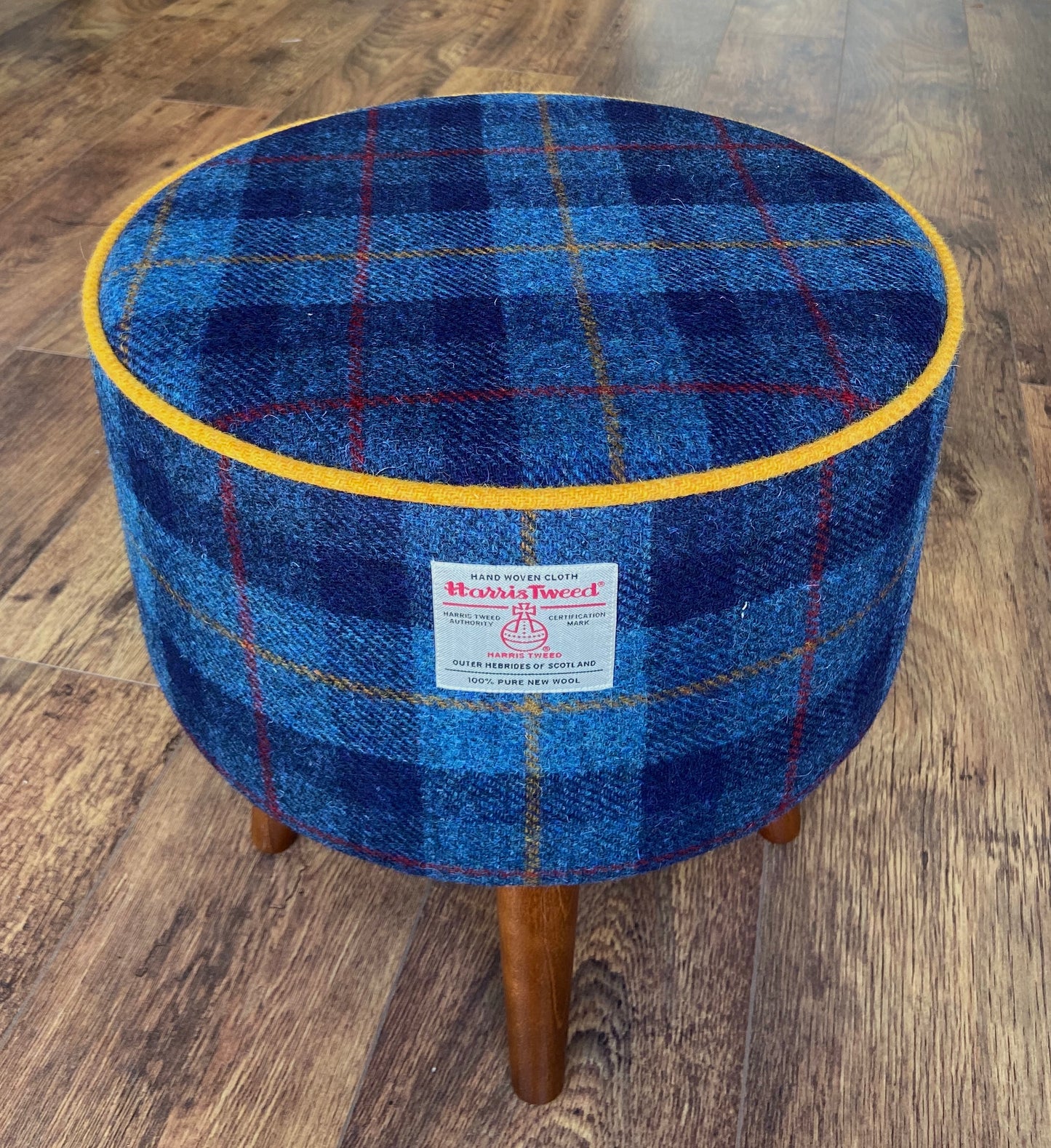 Blue Tartan and Yellow Piped Harris Tweed Footstool with Dark Varnished Wooden Legs