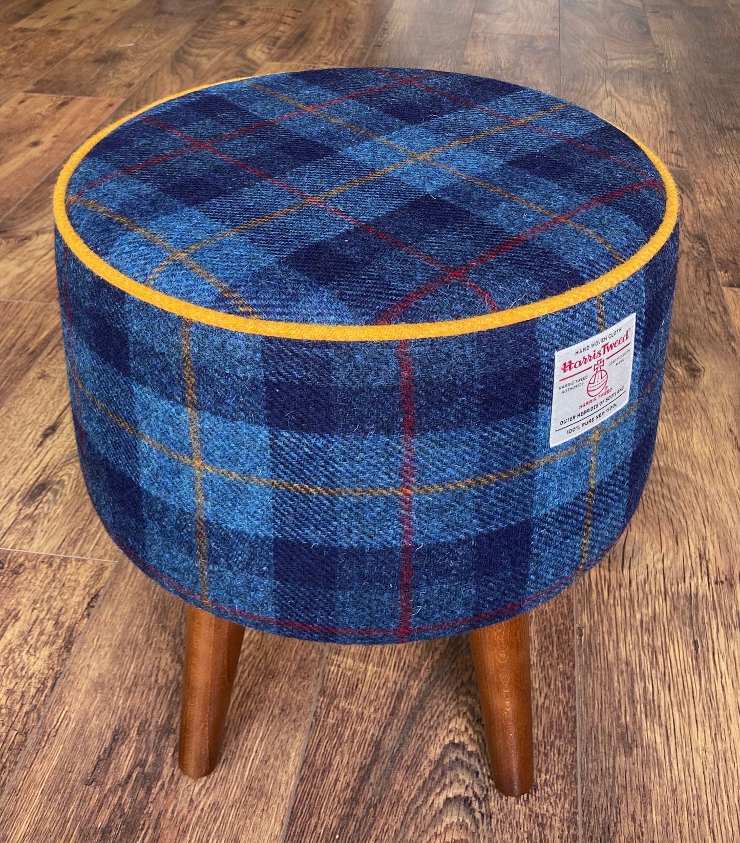 Blue Tartan and Yellow Piped Harris Tweed Footstool with Dark Varnished Wooden Legs