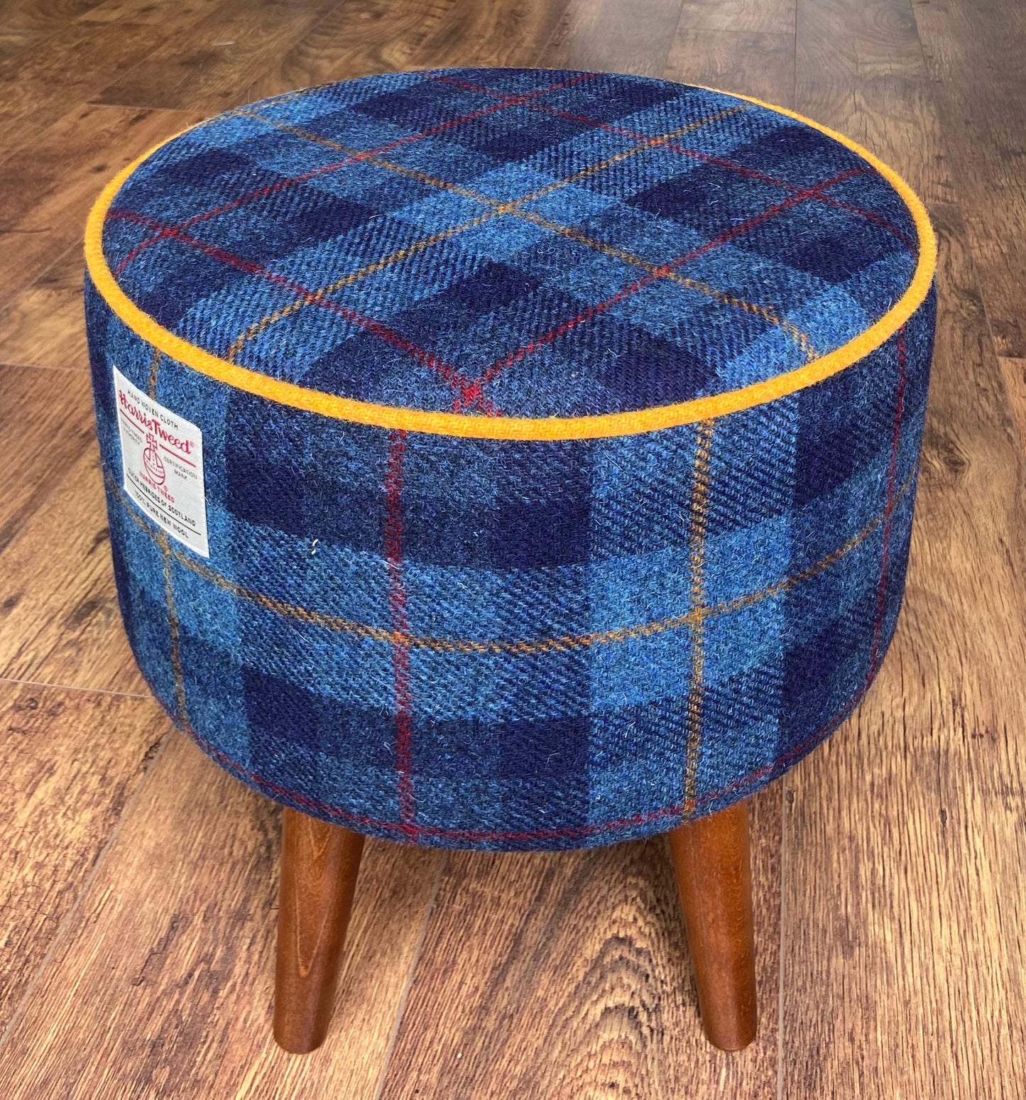 Blue Tartan and Yellow Piped Harris Tweed Footstool with Dark Varnished Wooden Legs