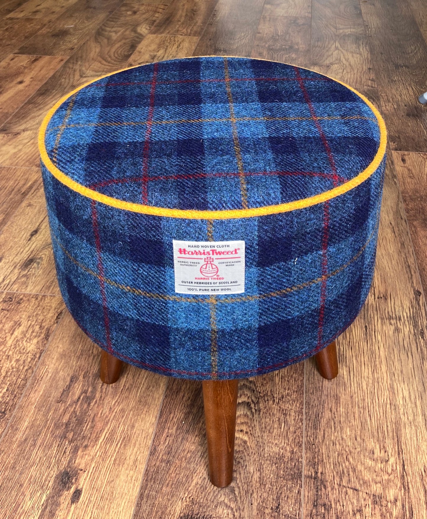 Blue Tartan and Yellow Piped Harris Tweed Footstool with Dark Varnished Wooden Legs