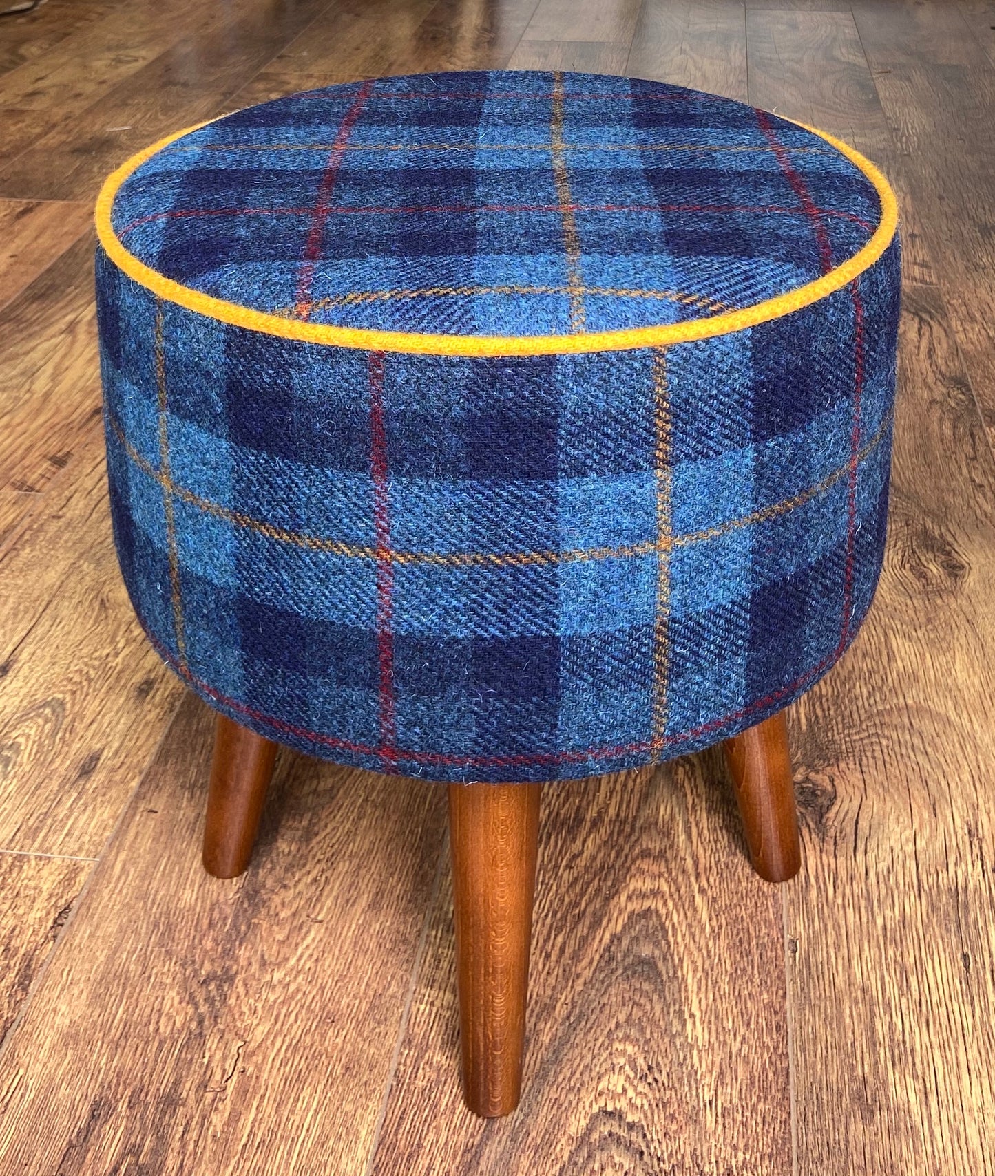 Blue Tartan and Yellow Piped Harris Tweed Footstool with Dark Varnished Wooden Legs