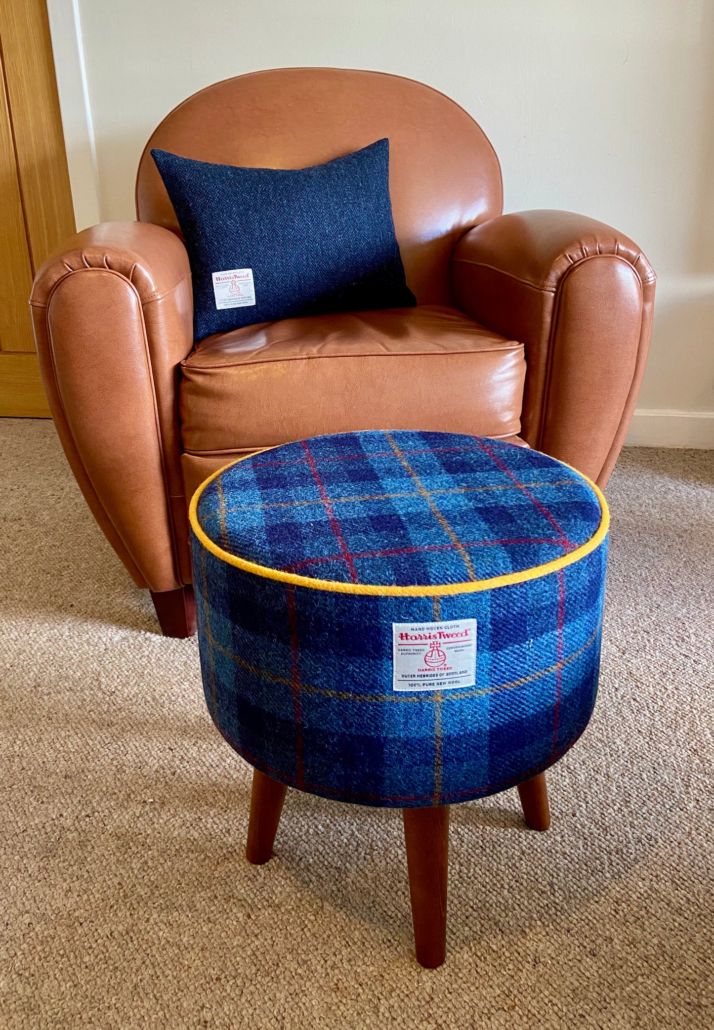 Blue Tartan and Yellow Piped Harris Tweed Footstool with Dark Varnished Wooden Legs