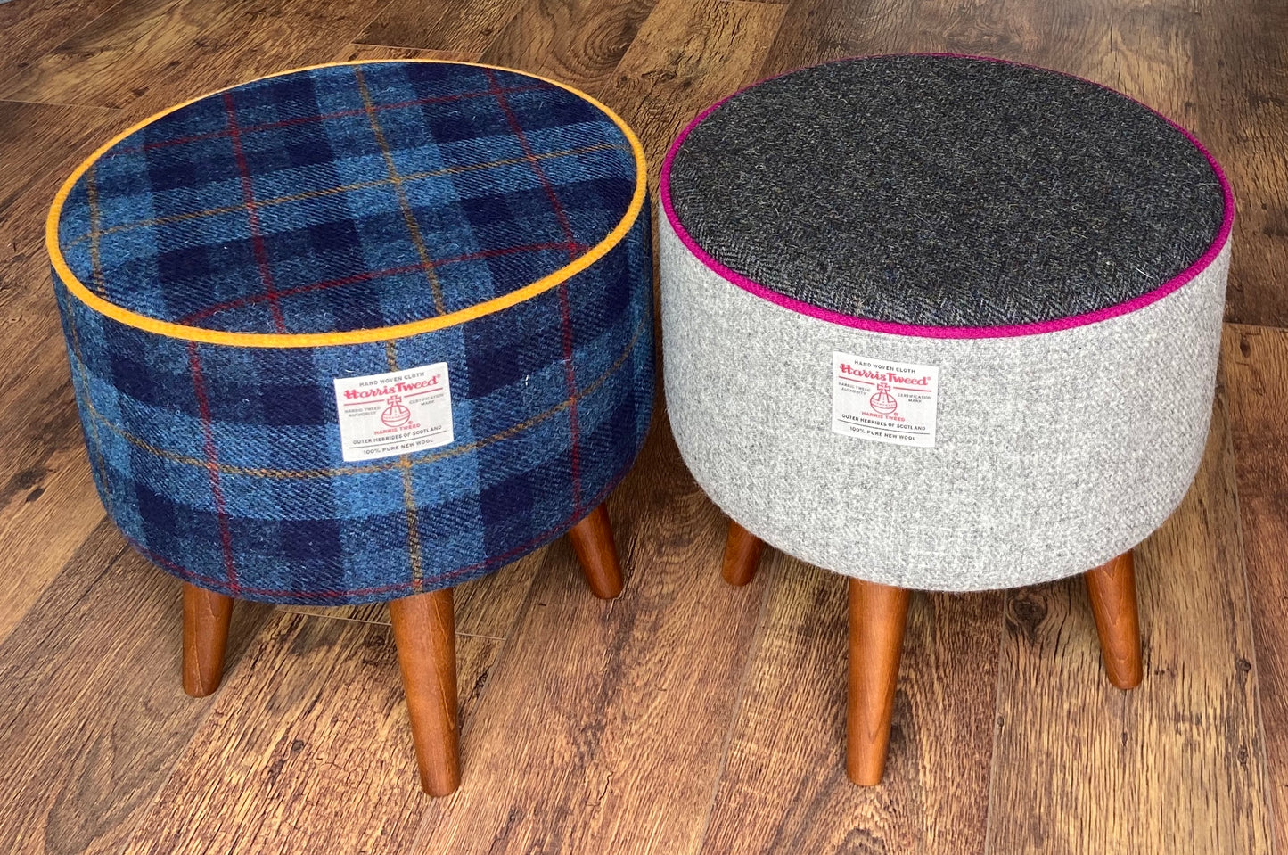 Blue Tartan and Yellow Piped Harris Tweed Footstool with Dark Varnished Wooden Legs