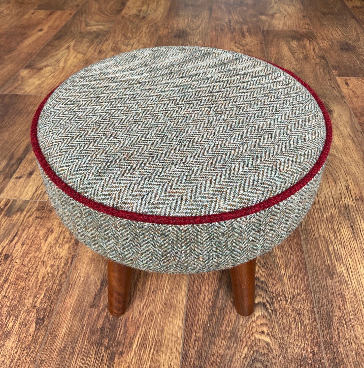 Brown Harris Tweed Footstool with Red Piping and Dark Varnished Wooden Legs