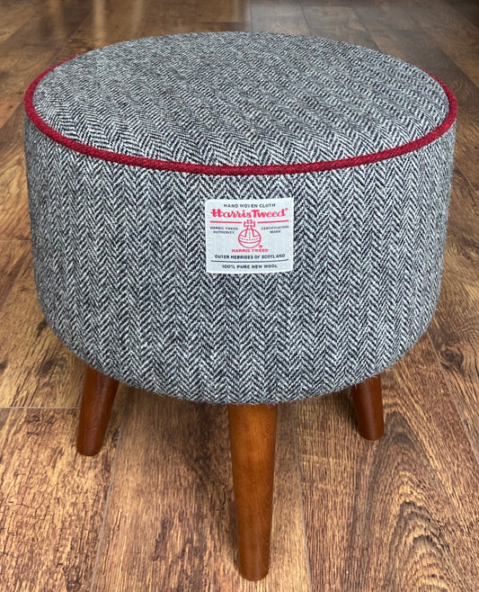 Black and White Harris Tweed Herringbone Footstool with Red Piping and Dark Varnished Wooden Legs