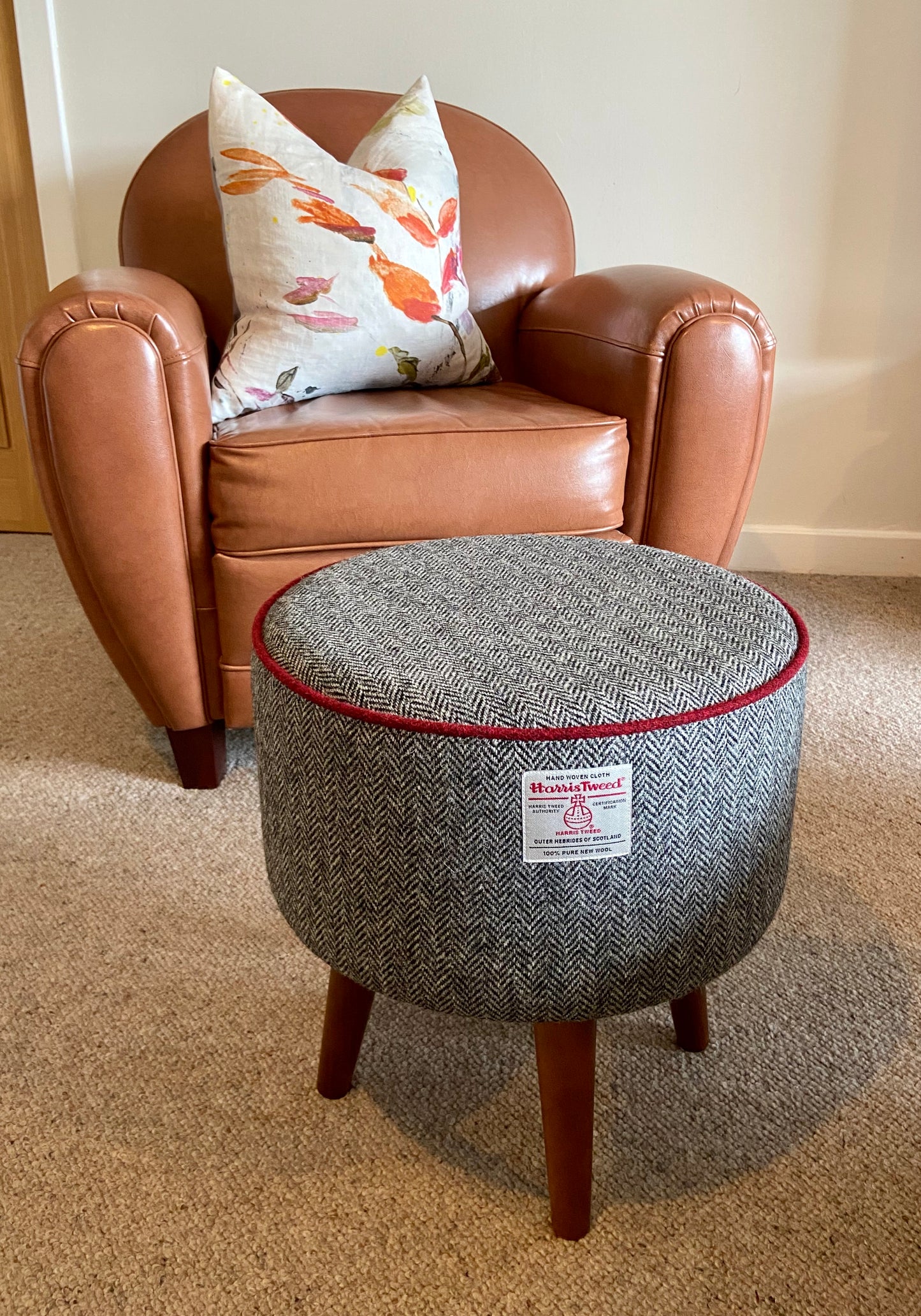 Black and White Harris Tweed Herringbone Footstool with Red Piping and Dark Varnished Wooden Legs