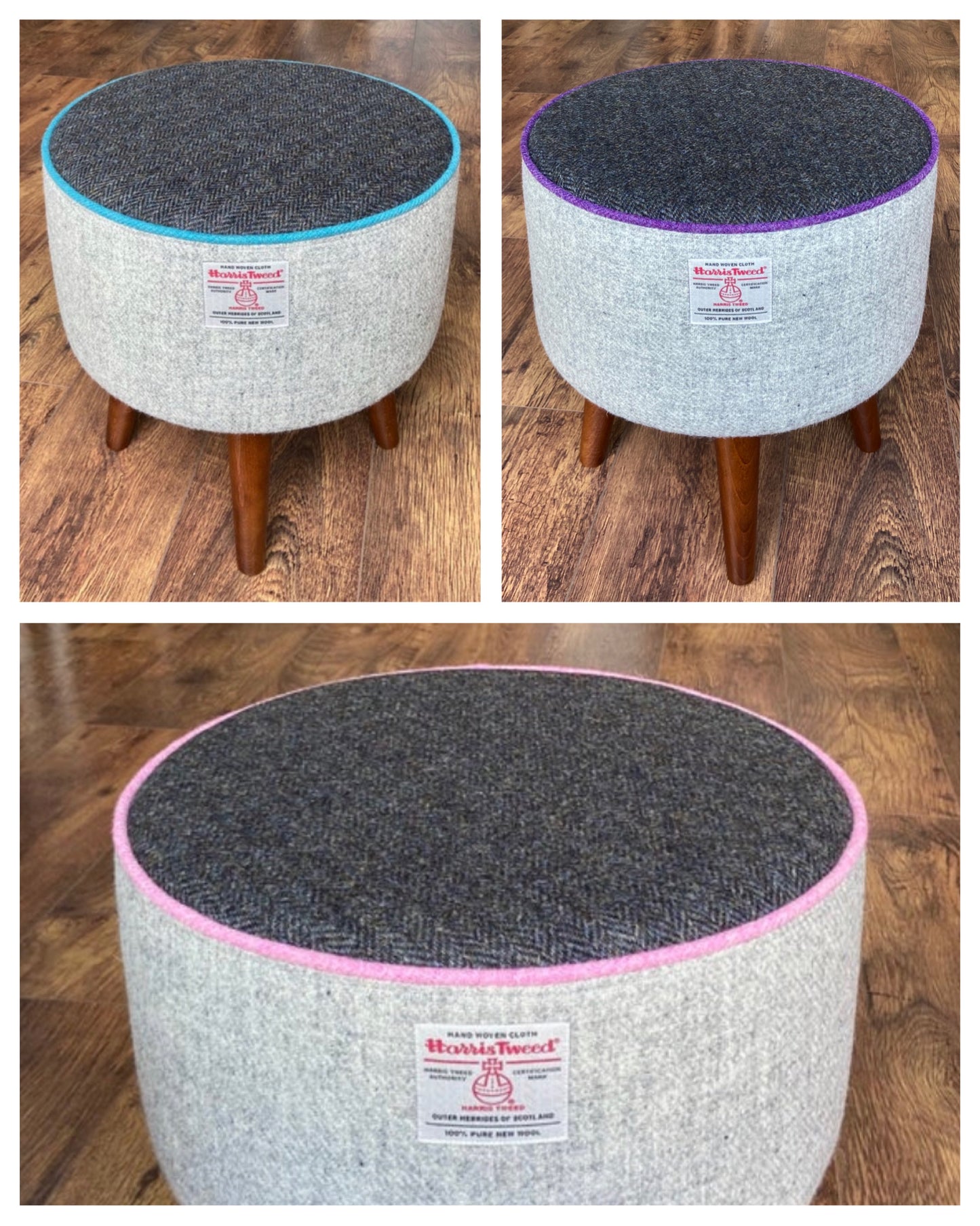 Grey and Charcoal Harris Tweed Footstool with Turquoise Piping and Dark Varnished Wooden Legs