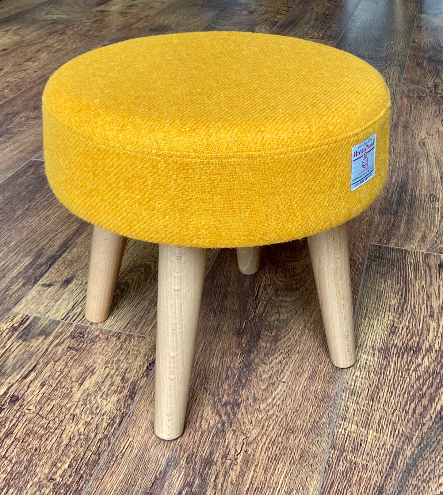 Yellow Harris Tweed Footstool with Varnished Wooden Legs