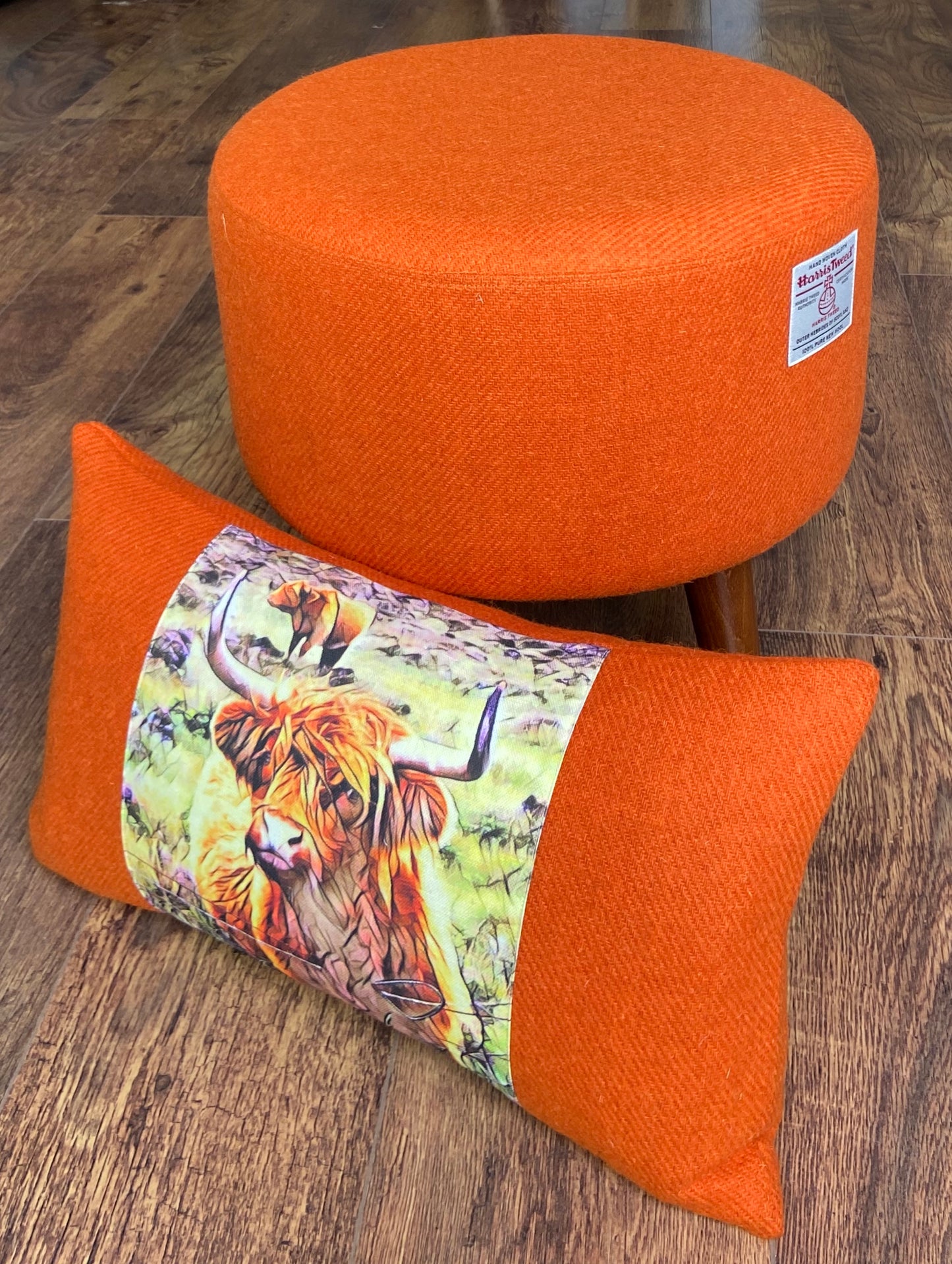 Handmade Highland Cow and Orange Harris Tweed Cushion
