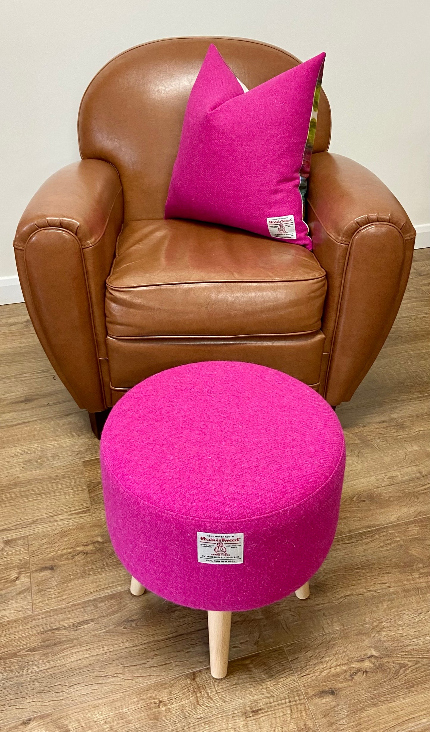 Bright Pink Harris Tweed Footstool with Light Wooden Legs