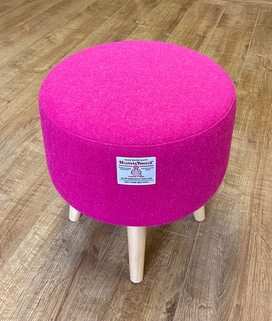 Bright Pink Harris Tweed Footstool with Light Wooden Legs