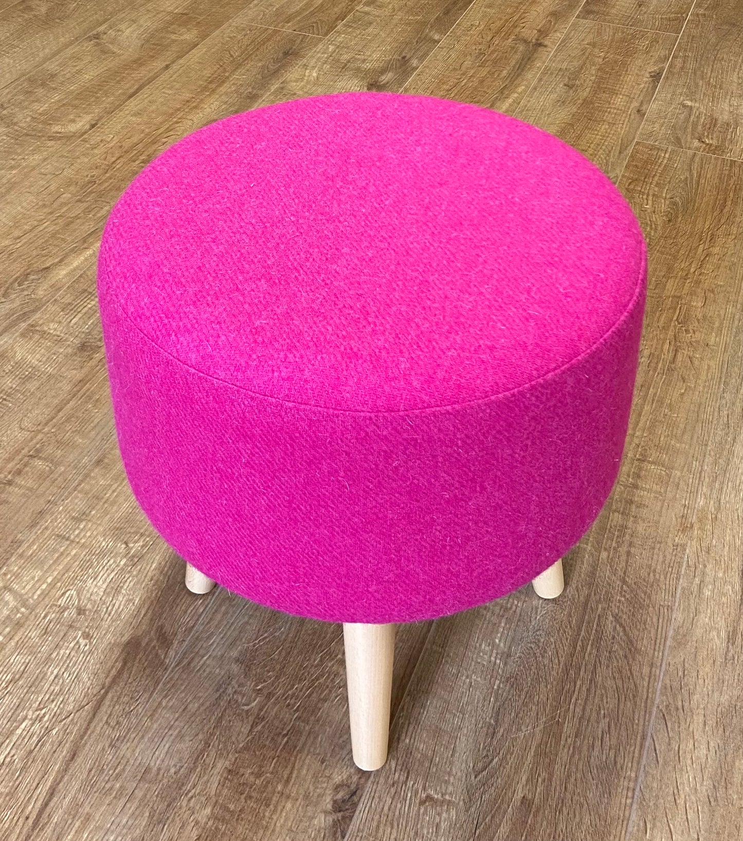 Bright Pink Harris Tweed Footstool with Light Wooden Legs