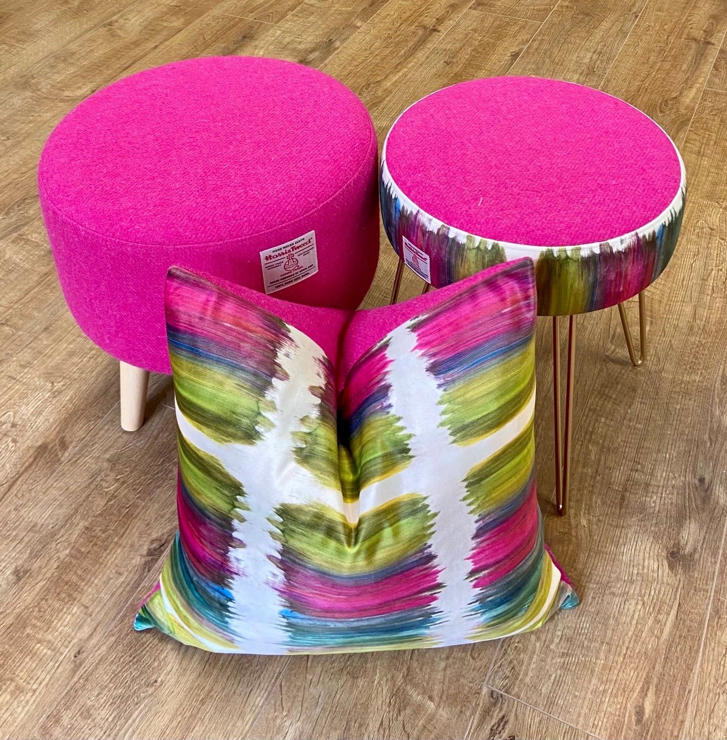 Bright Pink Harris Tweed Footstool with Light Wooden Legs