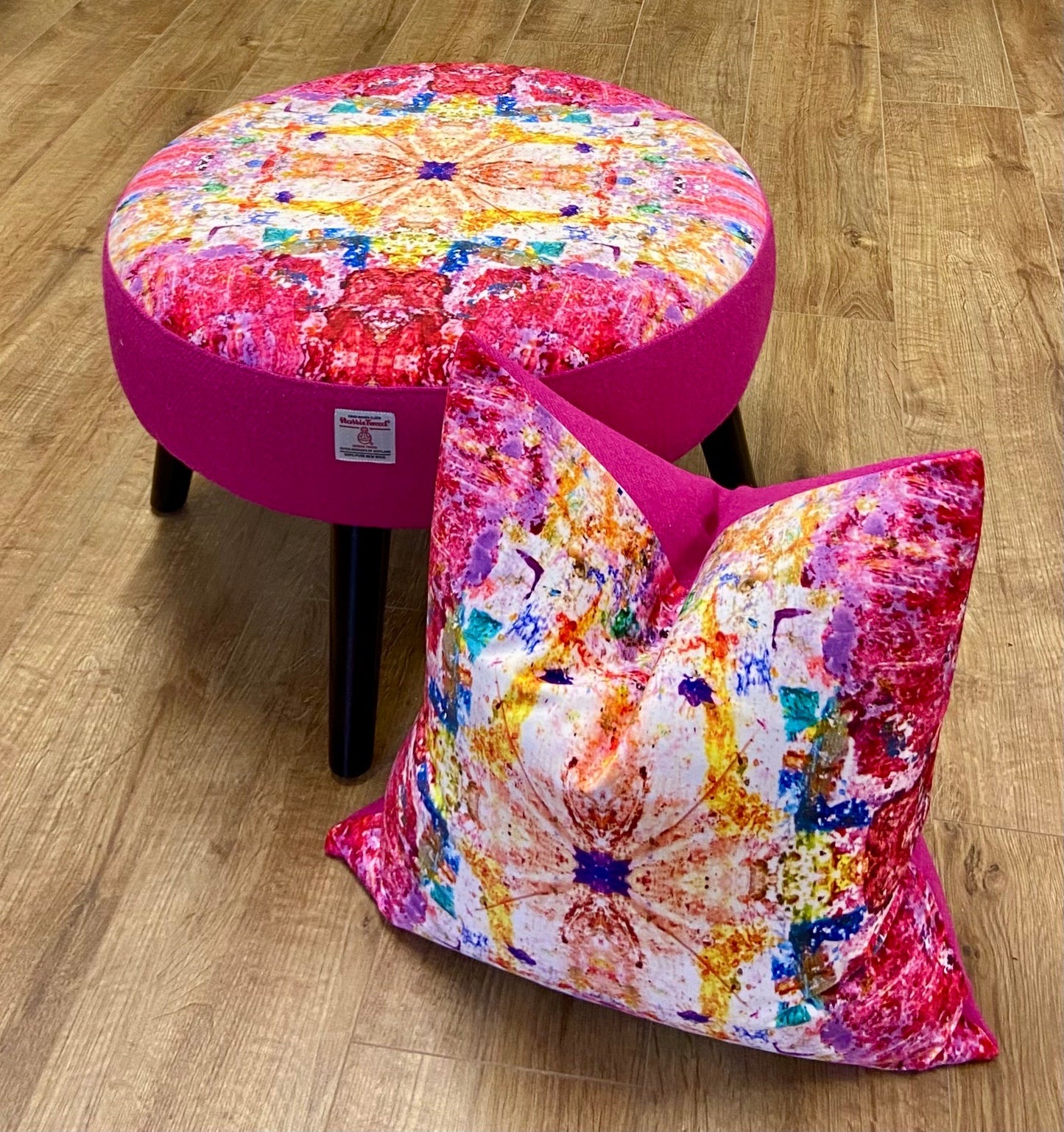 Paint Spray Velvet and Bright Pink Harris Tweed Large Footstool