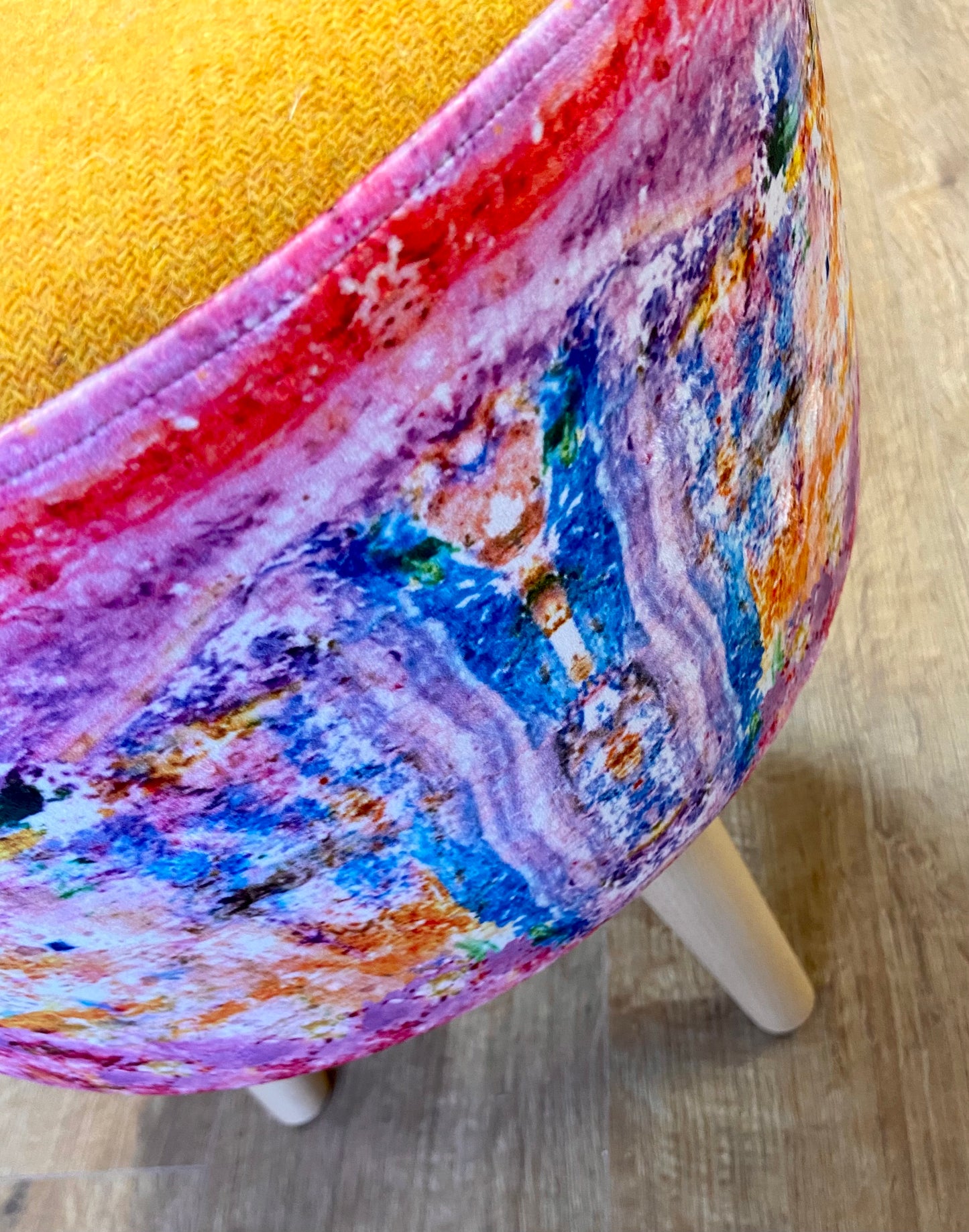 Paint Spray Velvet and Yellow Harris Tweed Footstool