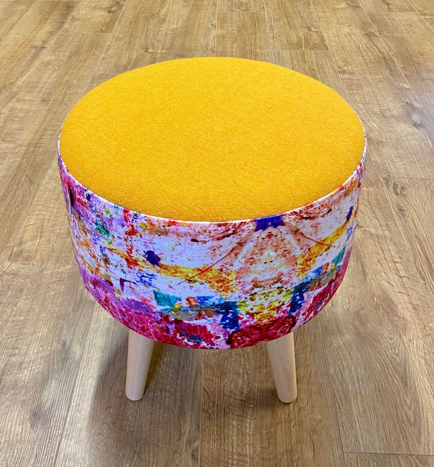 Paint Spray Velvet and Yellow Harris Tweed Footstool