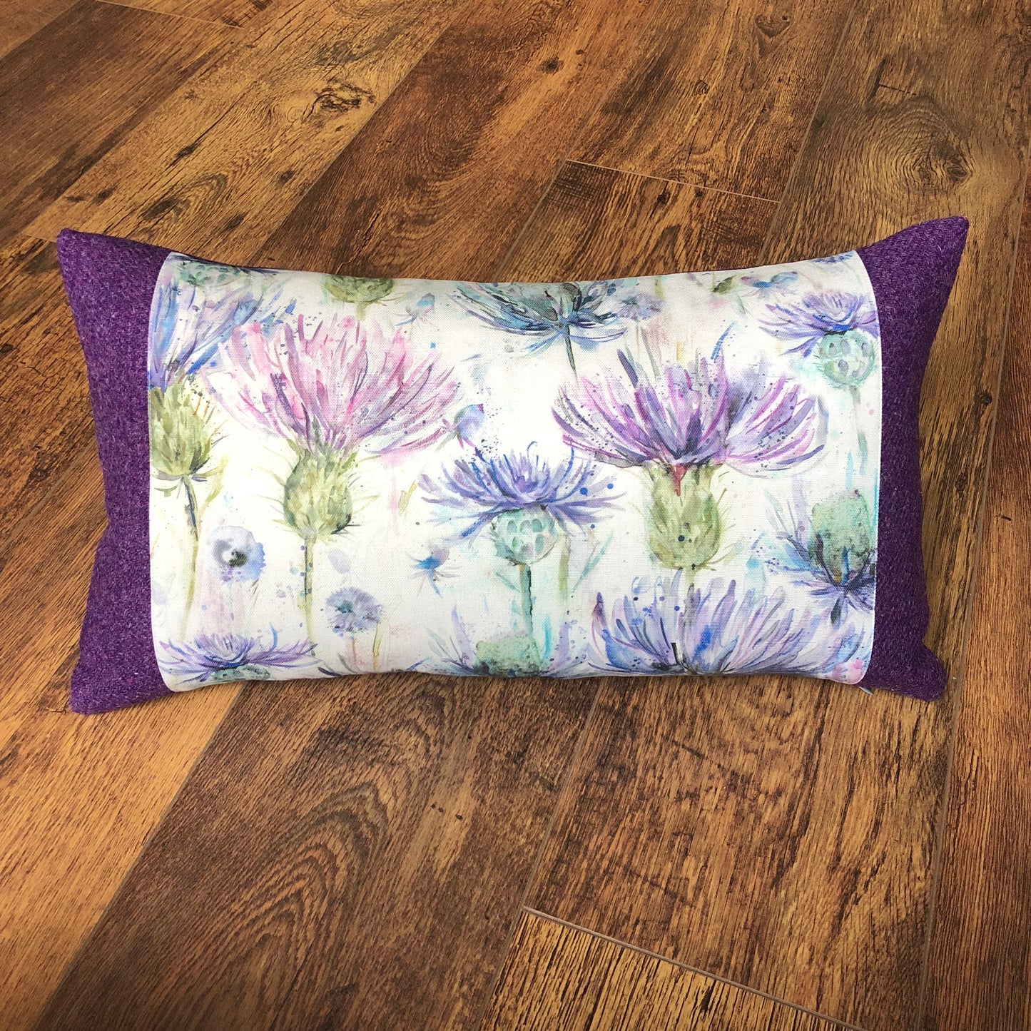 Scottish Watercolour Thistle with Purple Harris Tweed Oblong Cushion