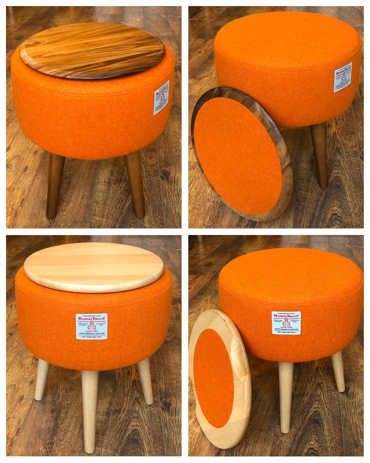 Upholstered Orange Harris Tweed Footstool with Varnished Wooden Legs