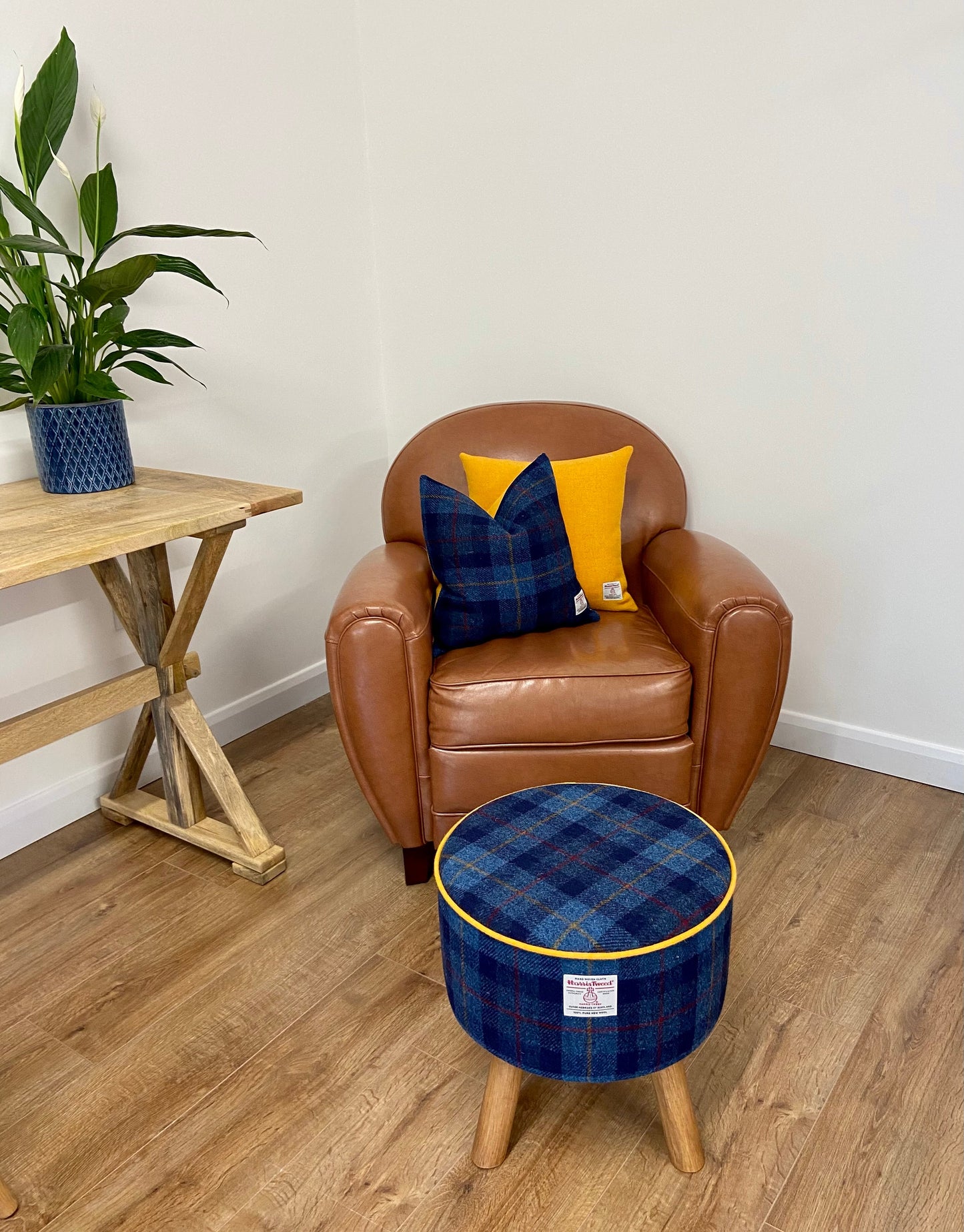 Blue Tartan and Yellow Harris Tweed Cushion 18”