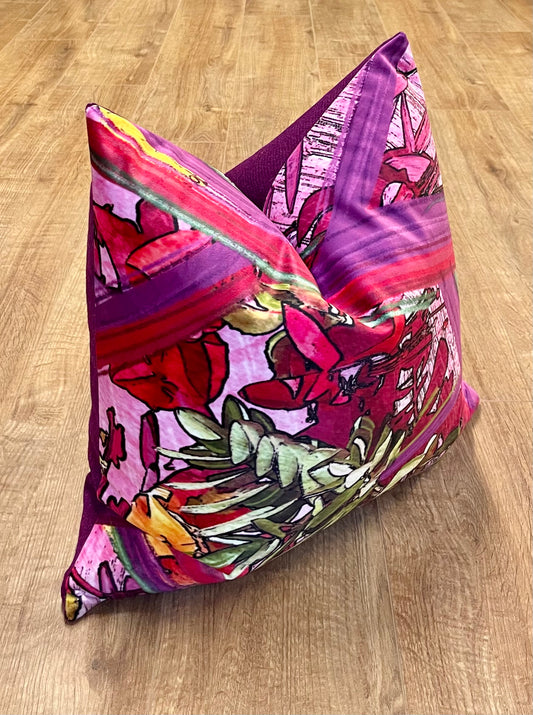 Geo Flower Velvet and Purple Harris Tweed Cushion 20”