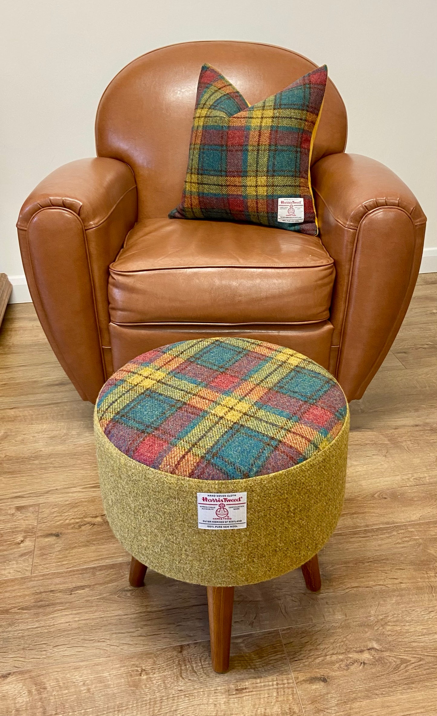 Mustard, Green and Red Tartan Harris Tweed Footstool with Dark Varnished Wooden Legs