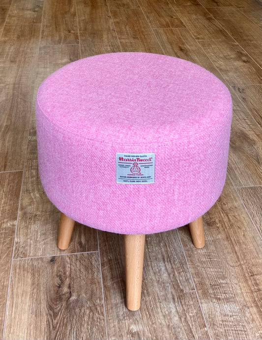 Light Pink Harris Tweed Footstool with Varnished Wooden Legs