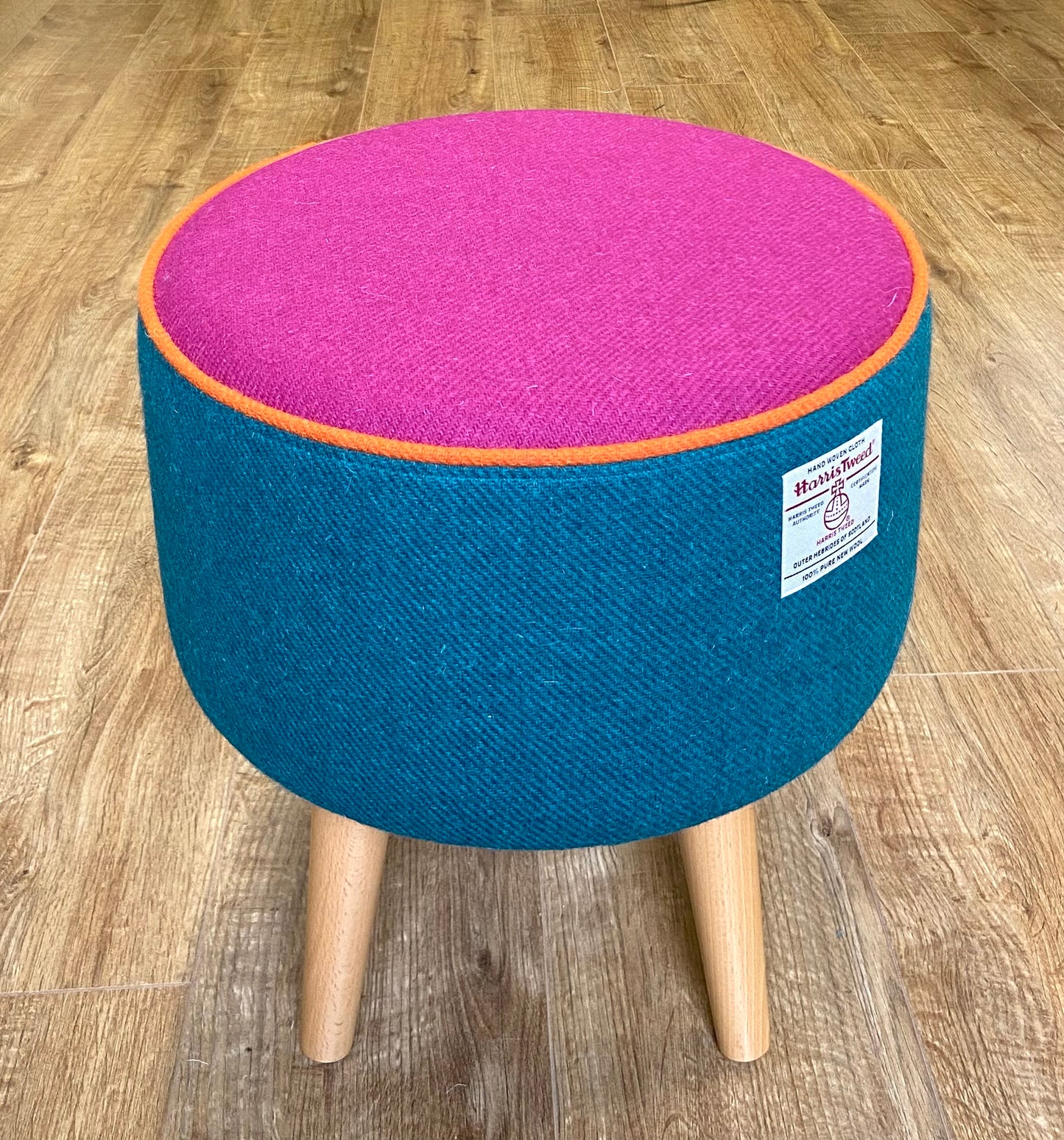 Teal and Fuchsia Harris Tweed Footstool with Orange Piping and Varnished Wooden Legs