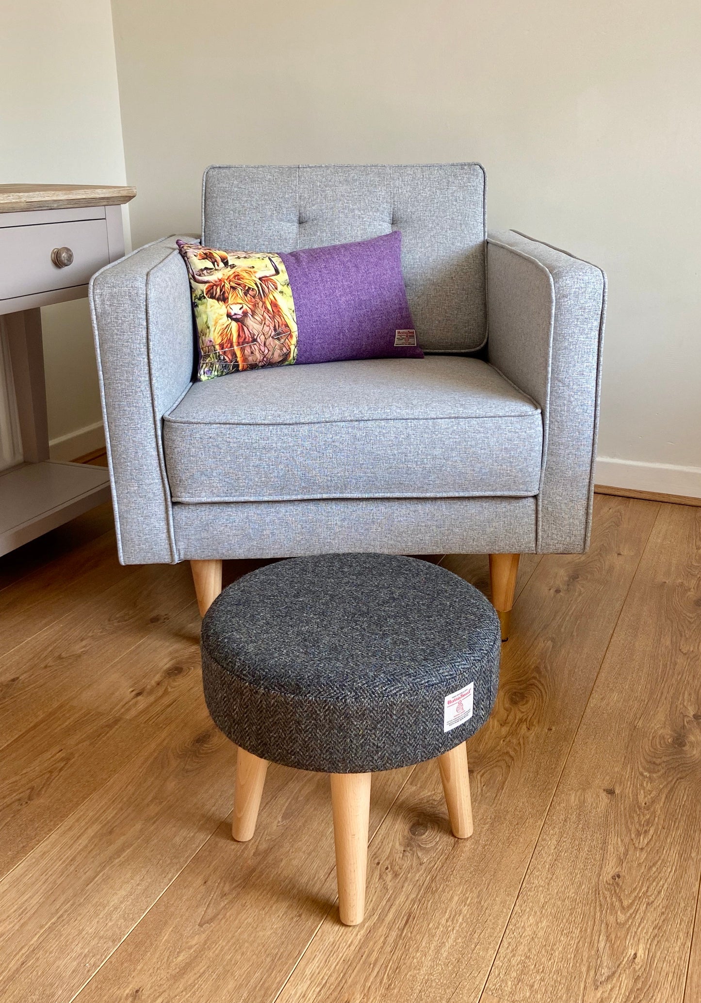 Charcoal Harris Tweed Footstool with Varnished Wooden Legs