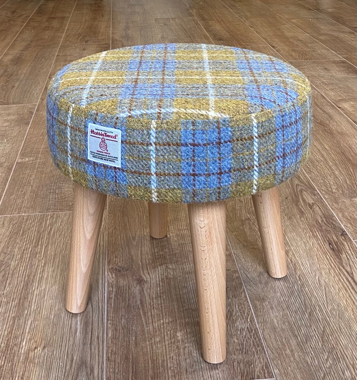 Mustard Tartan Harris Tweed Footstool with Varnished Light Wooden Legs