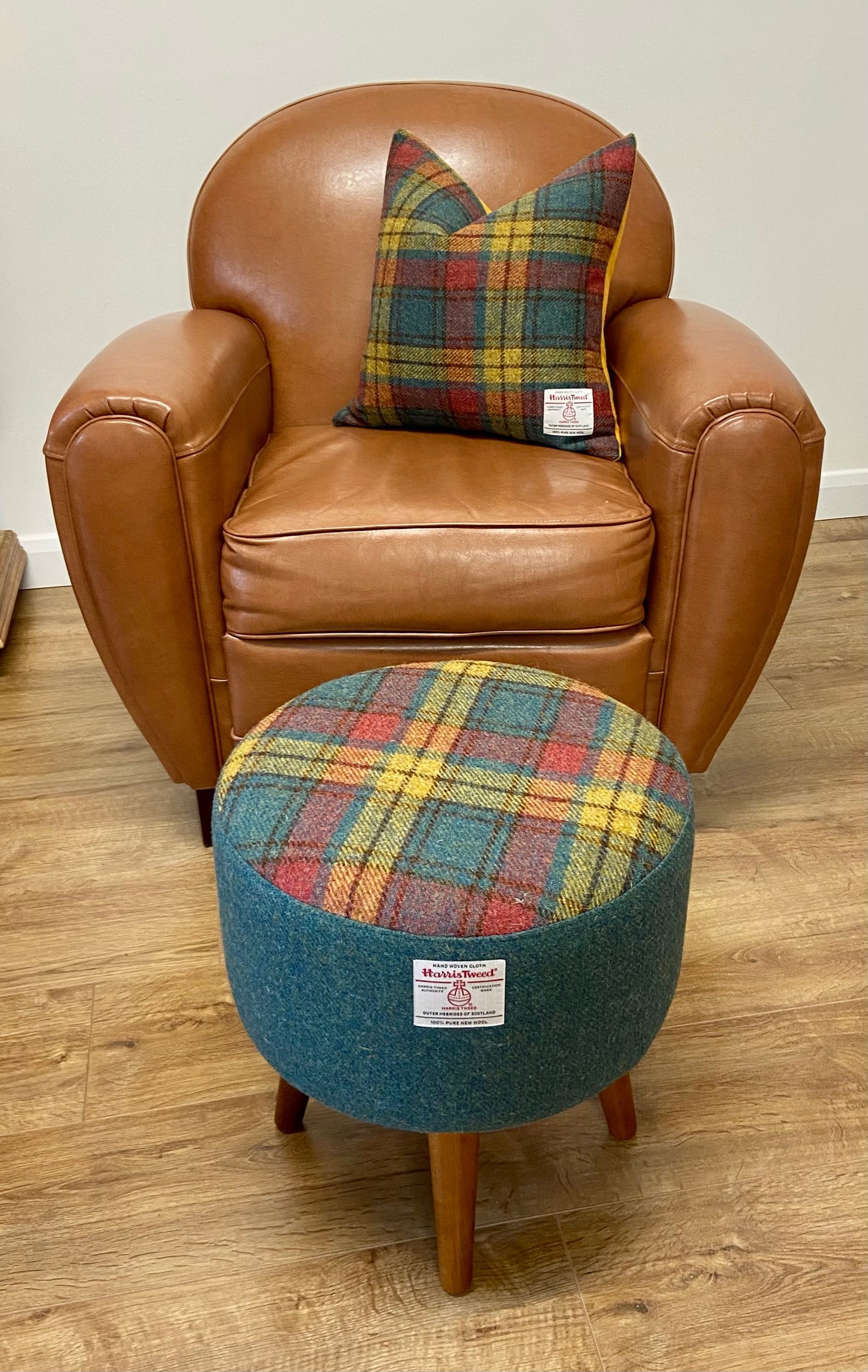 Green, Red and Mustard Tartan Harris Tweed Footstool with Dark Varnished Wooden Legs