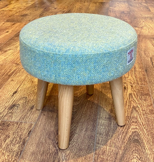 Light Green Harris Tweed Footstool with Varnished Wooden Legs