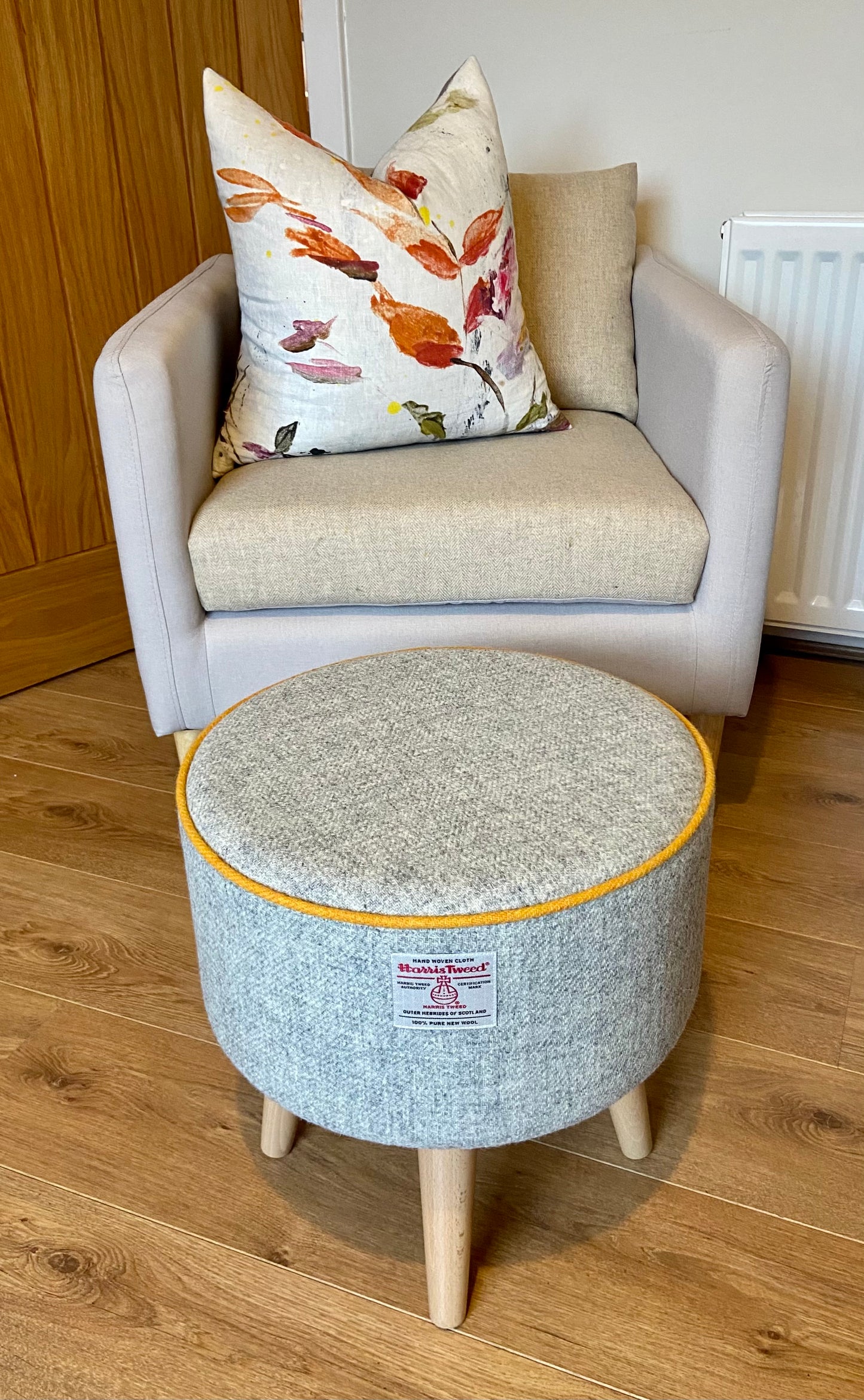 Grey Harris Tweed Footstool with Yellow Piping and Varnished Wooden Legs