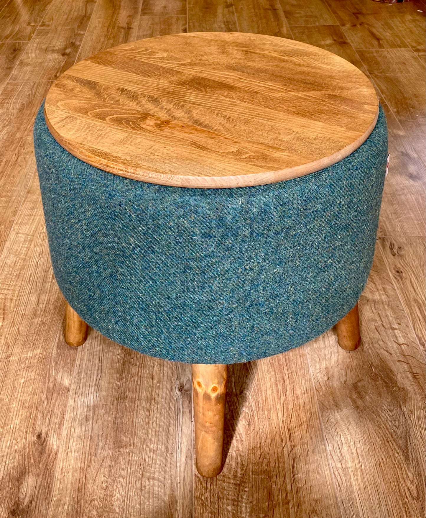 Deep Green End Table: Harris Tweed with Rustic Wooden Legs and Top