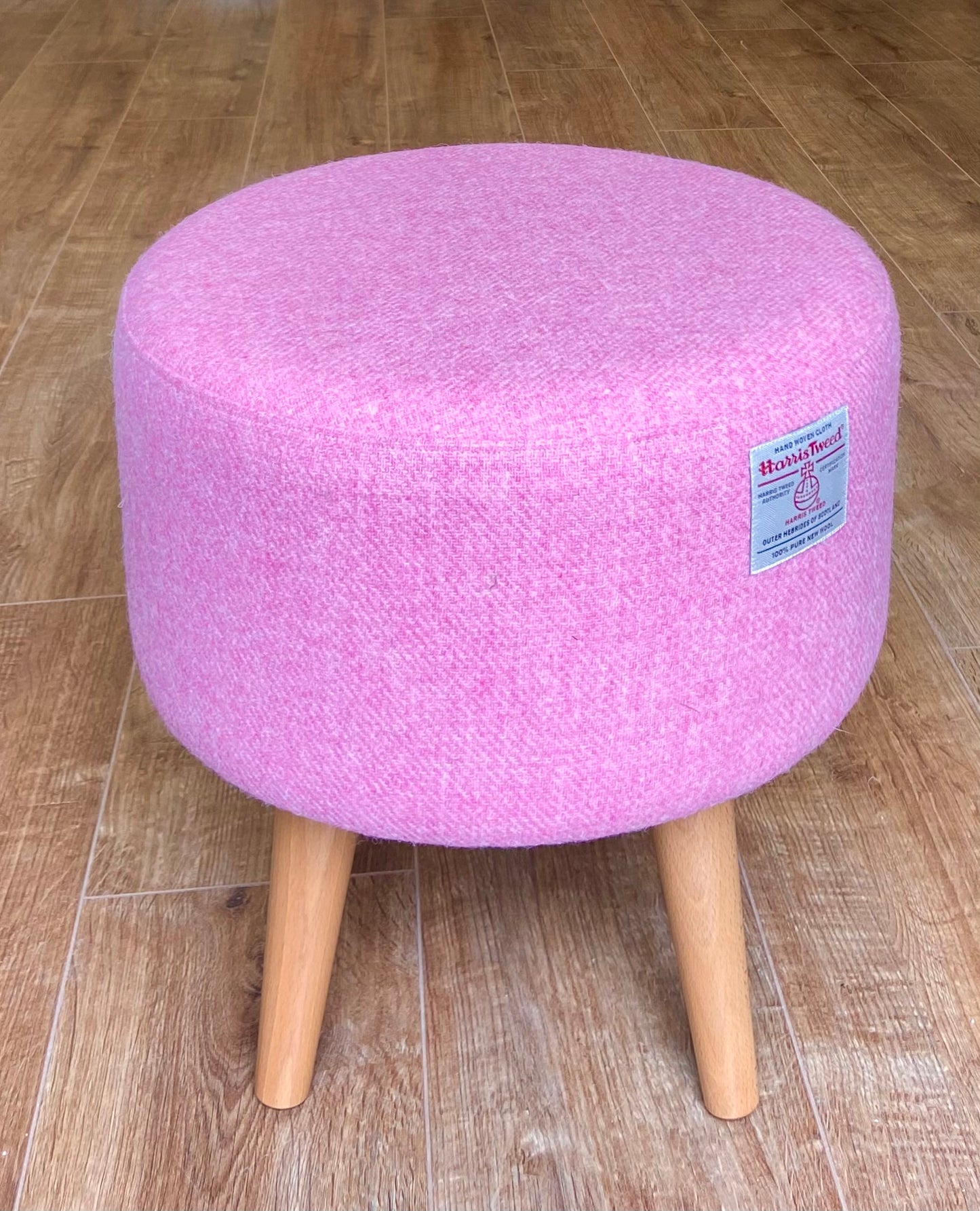 Light Pink Harris Tweed Footstool with Varnished Wooden Legs