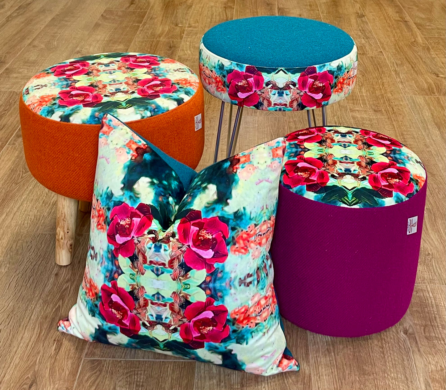 Red Rose Velvet and Fuchsia Harris Tweed Small Floating Footstool