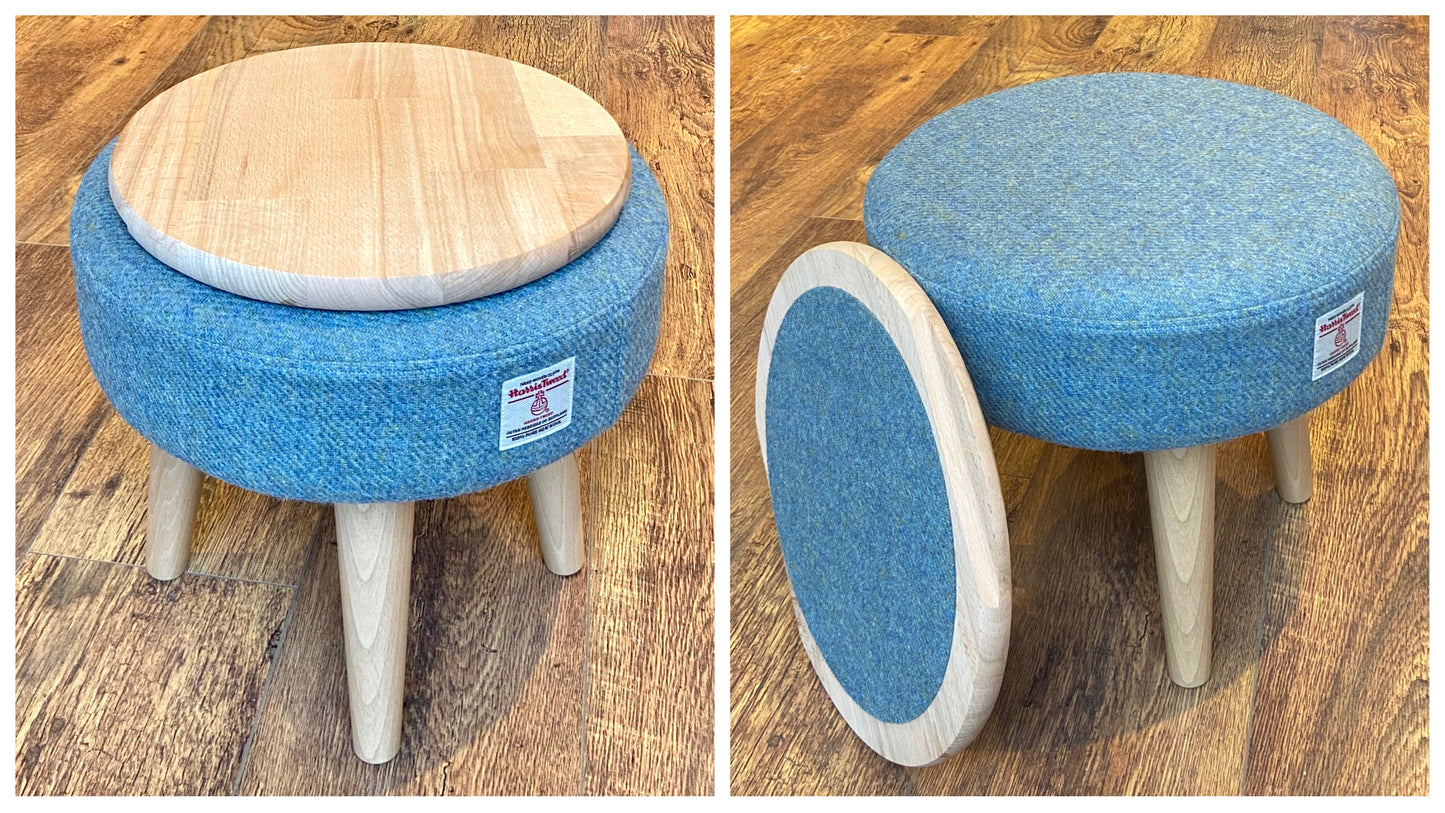 Light Blue Harris Tweed Footstool with Varnished Wooden Legs