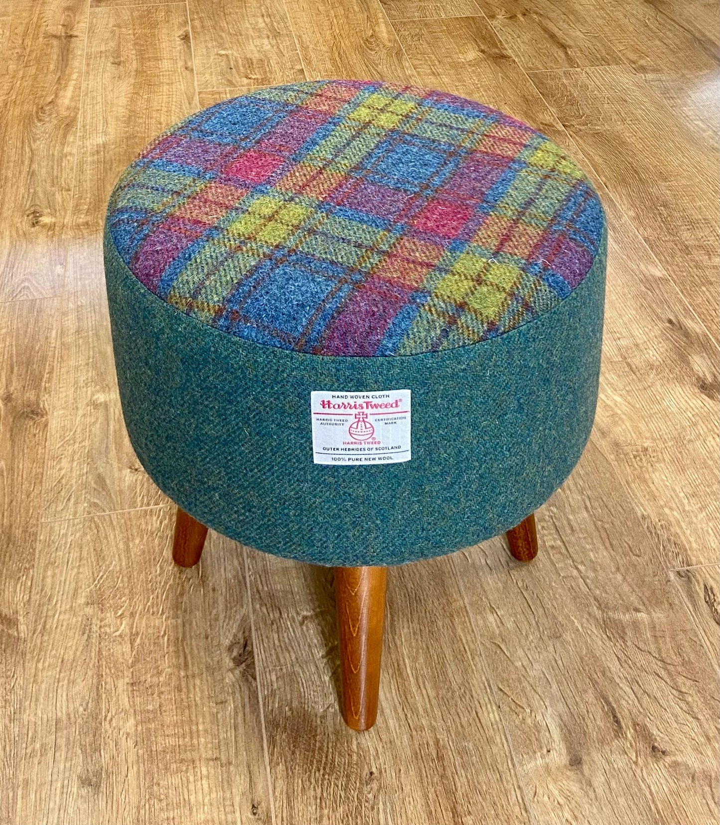 Tartan and Green Harris Tweed Footstool with Dark Varnished Wooden Legs