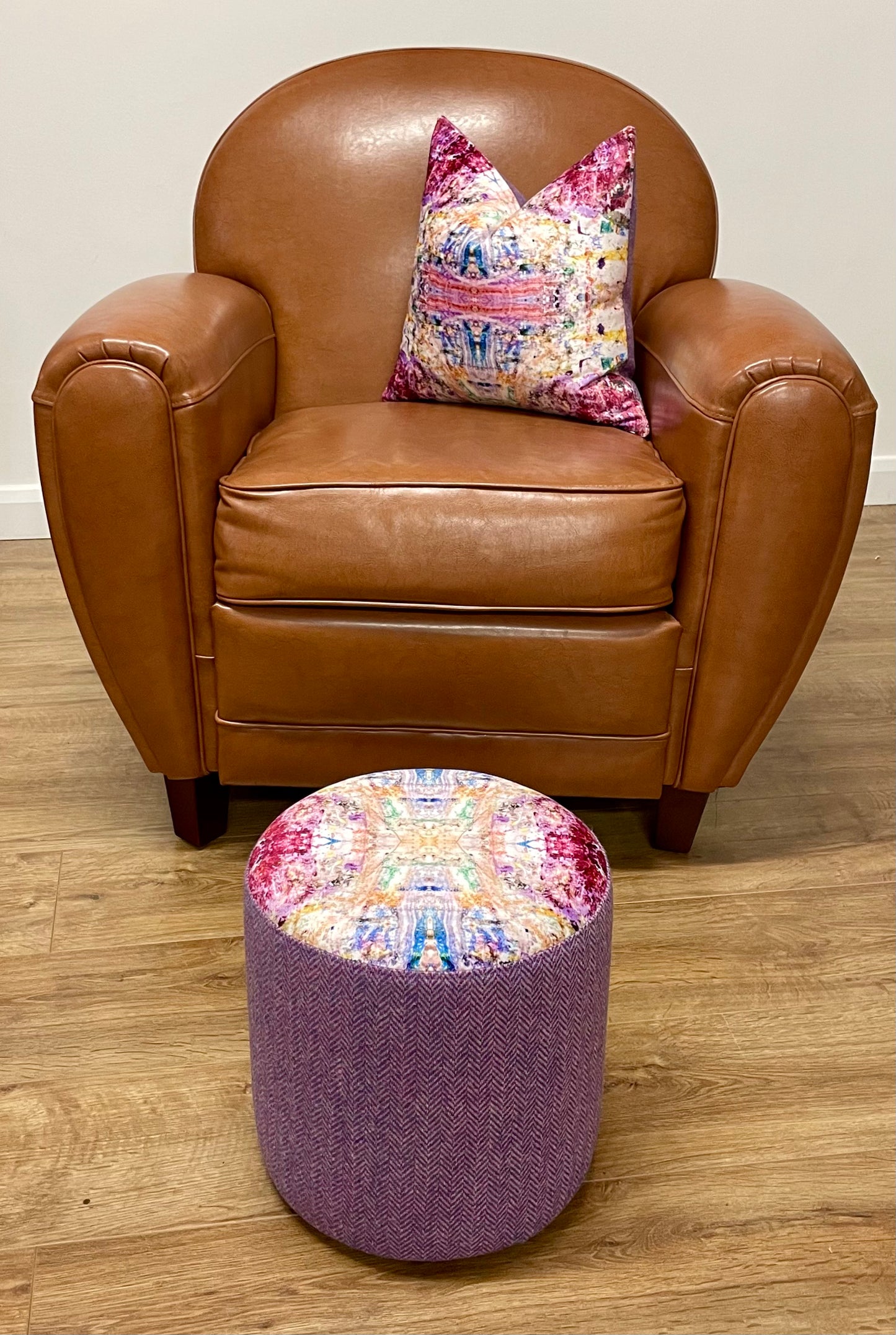 Paint Spray Velvet and Lilac Harris Tweed Small Floating Footstool