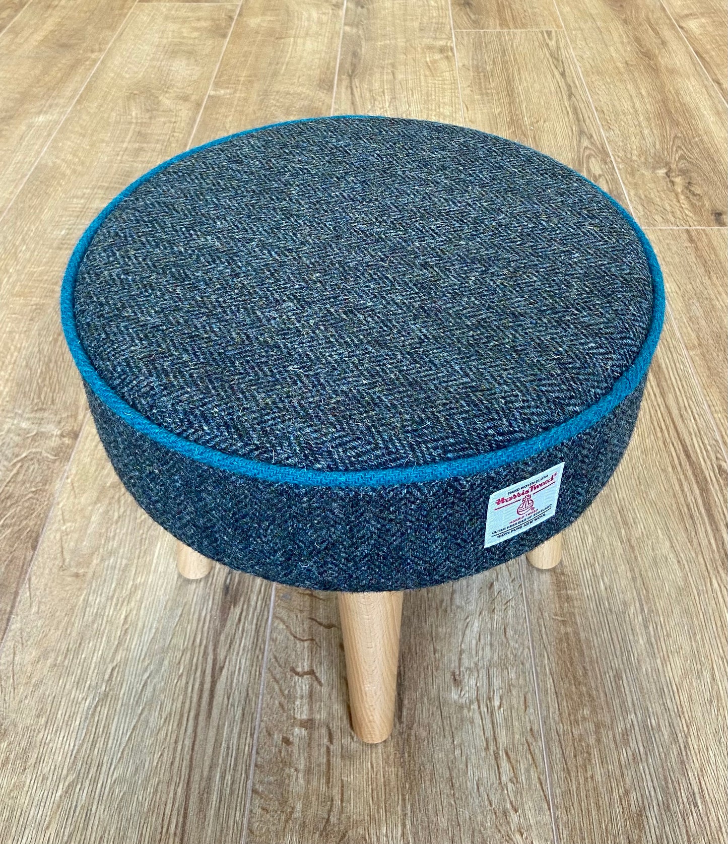 Charcoal Harris Tweed Footstool with Teal Piping and Varnished Wooden Legs