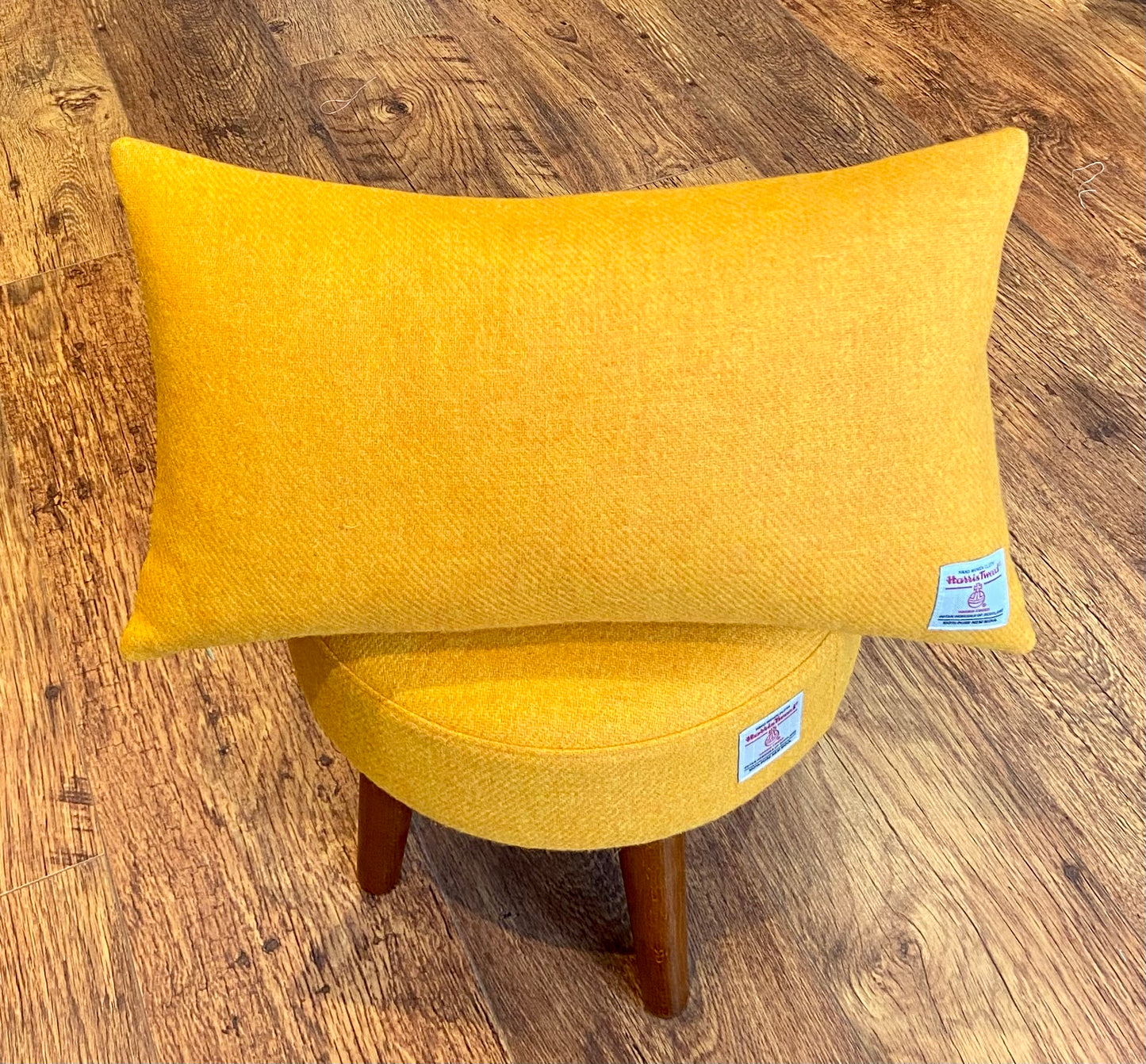 Yellow Harris Tweed Footstool with Dark Varnished Wooden Legs