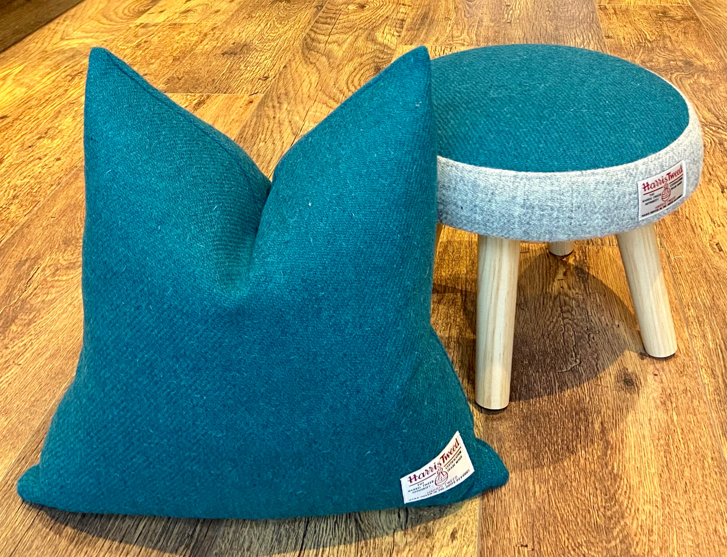 Teal Harris Tweed Footstool with Varnished Wooden Legs